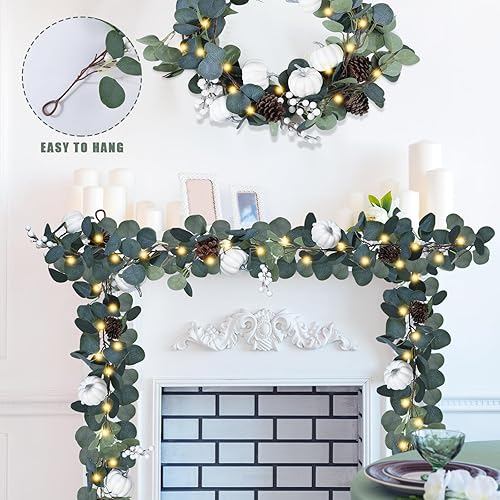 Miniatura 4 de Riceshoot Guirnalda de eucalipto artificial de 24 pies con calabazas blancas, piñas, bayas de eucalipto sintético, guirnalda con luces LED para