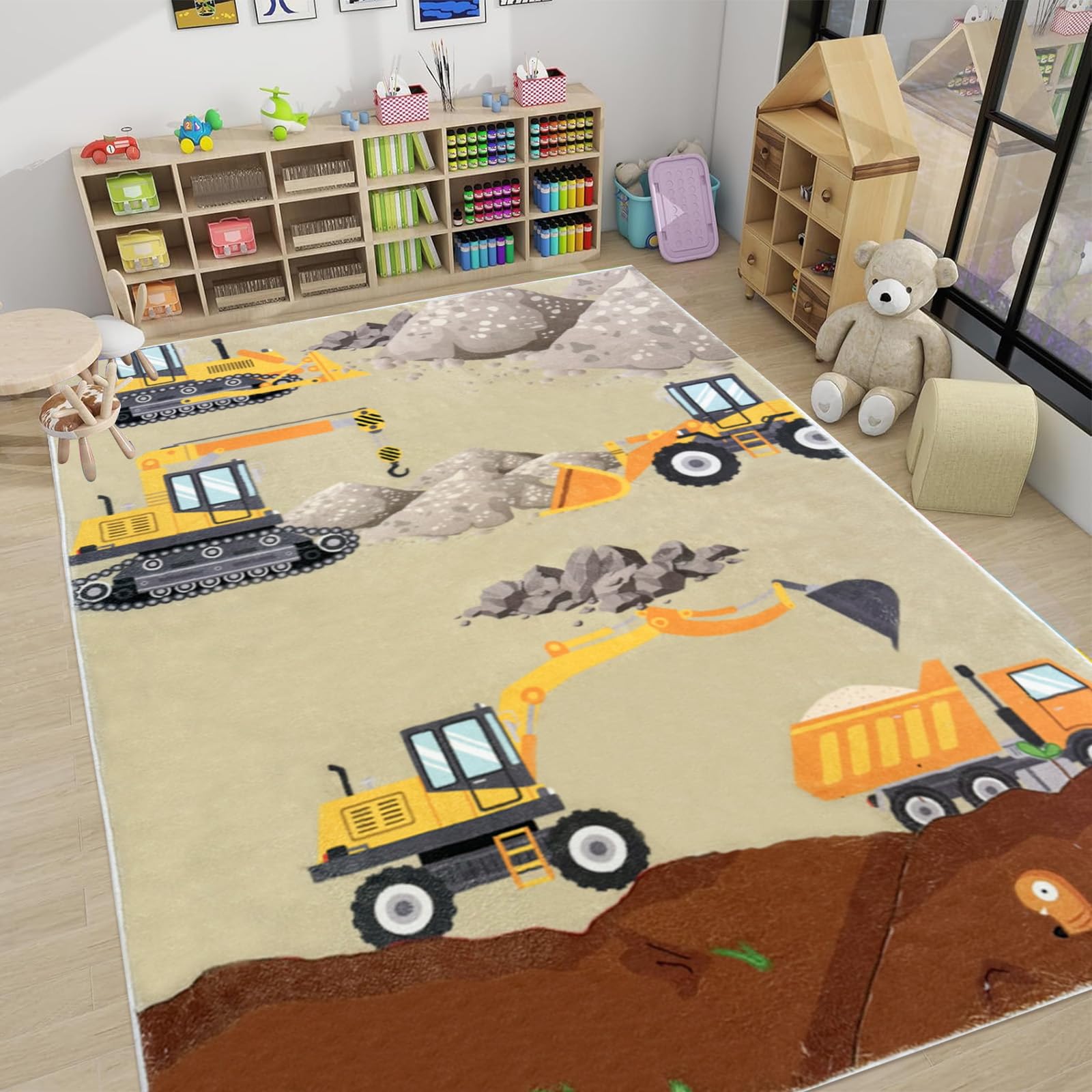 USTIDE Tappeto da costruzione per camera dei ragazzi, grande, carino, tappeto da escavatore, morbido, antiscivolo, per sala giochi, camera da letto, soggiorno, asilo nido aula, 150 x 200 cm