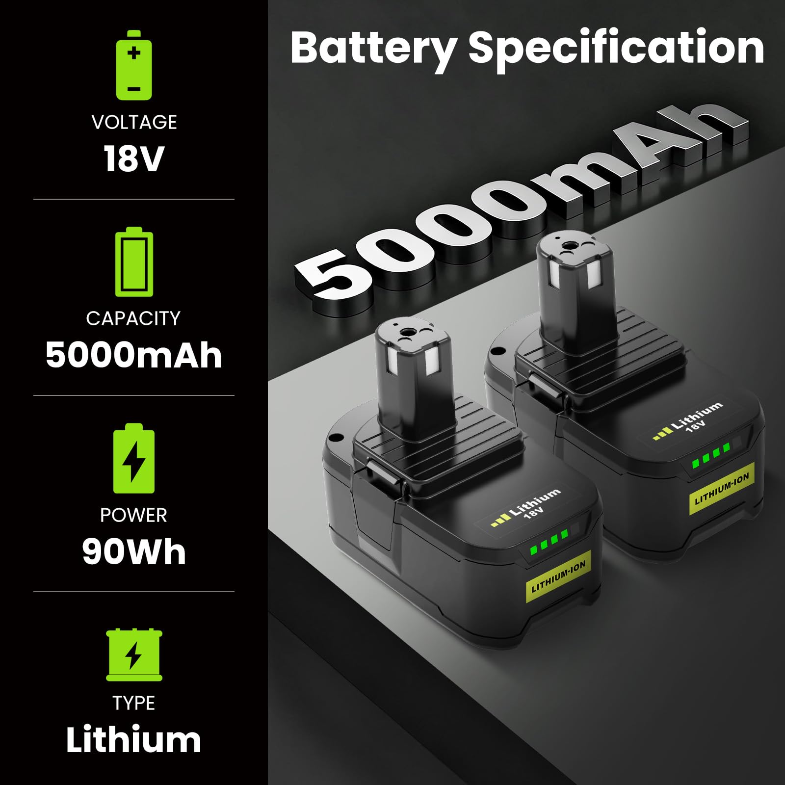 2 Packs 5000mAh Batteries de Rechange pour ryobi Batterie 18V B18L25 RB18L13 RB18L50 RB18L40