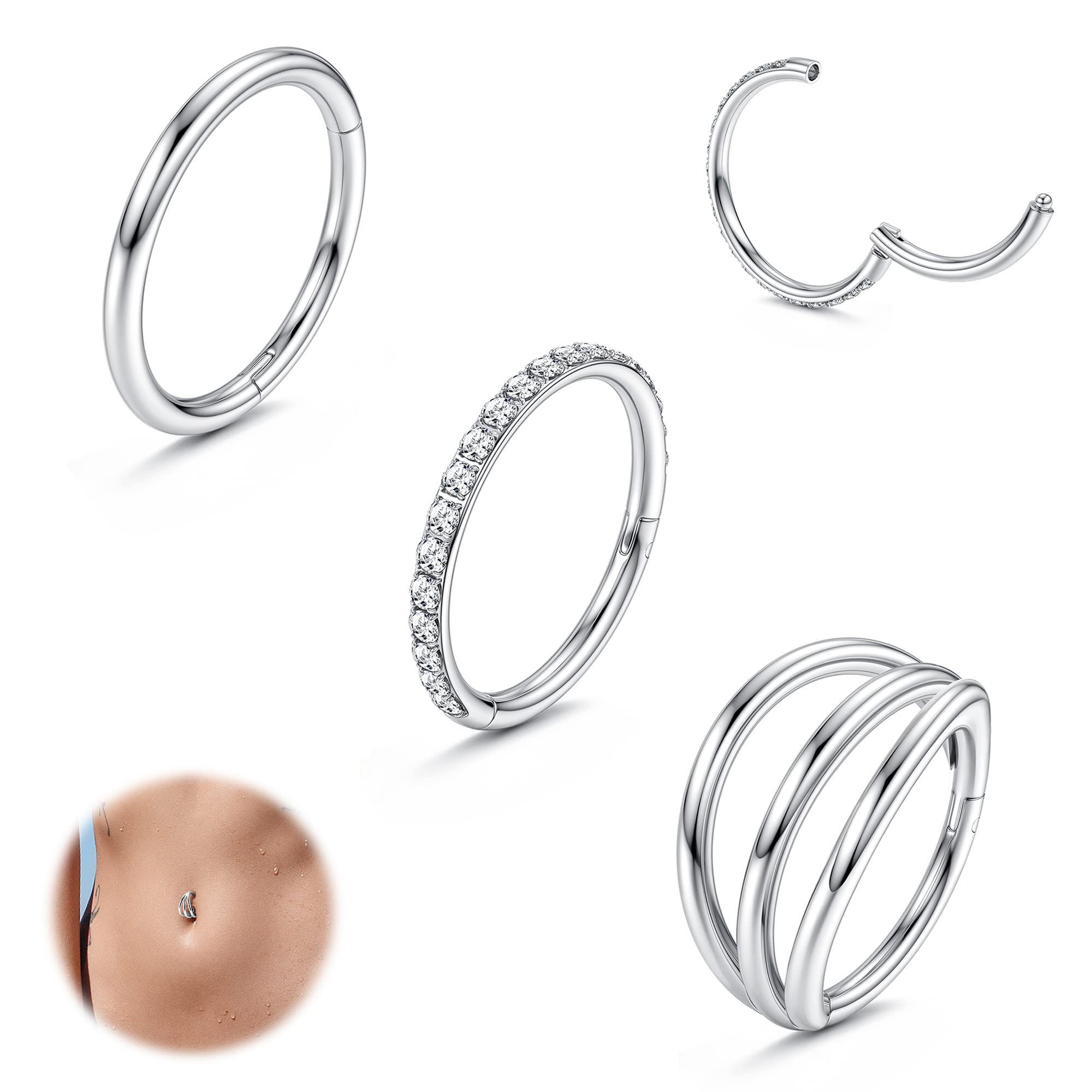 Adramata 3 Pcs 14G 1.6MM Piercing Ombligo Acero Quirurgico Piercing Ombligo Aro Septum Piercing Hélice Tragus Cartílago Oreja Piercing Plata Oro Corporal Piercing para Mujer
