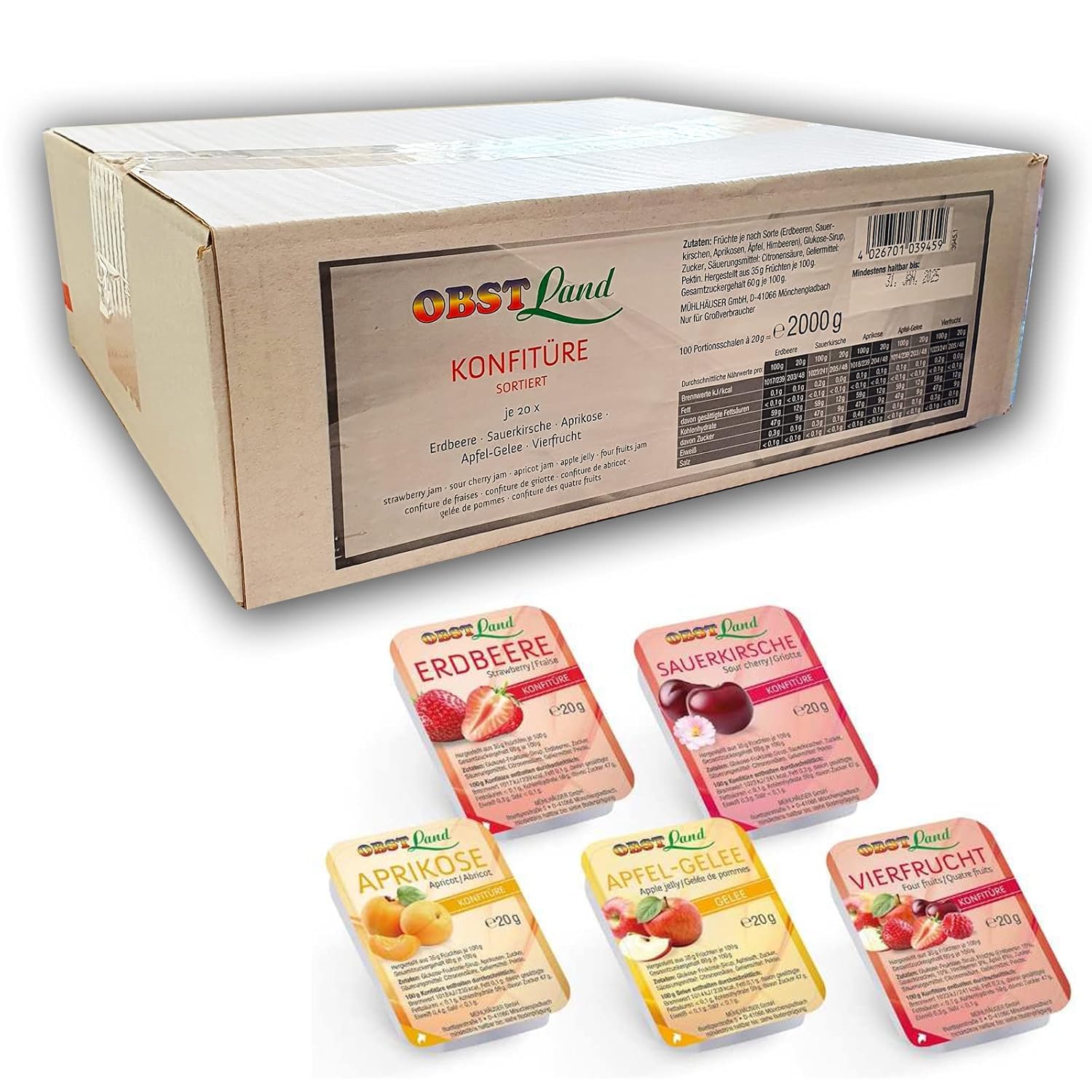 Obstland Konfitüre kleine Portionen 5-fach sortiert 100 x 20g | Marmelade in Portionspackungen für Gastro | Erdbeer, Aprikose, Kirsche, Apfel-Gelee & Vierfrucht