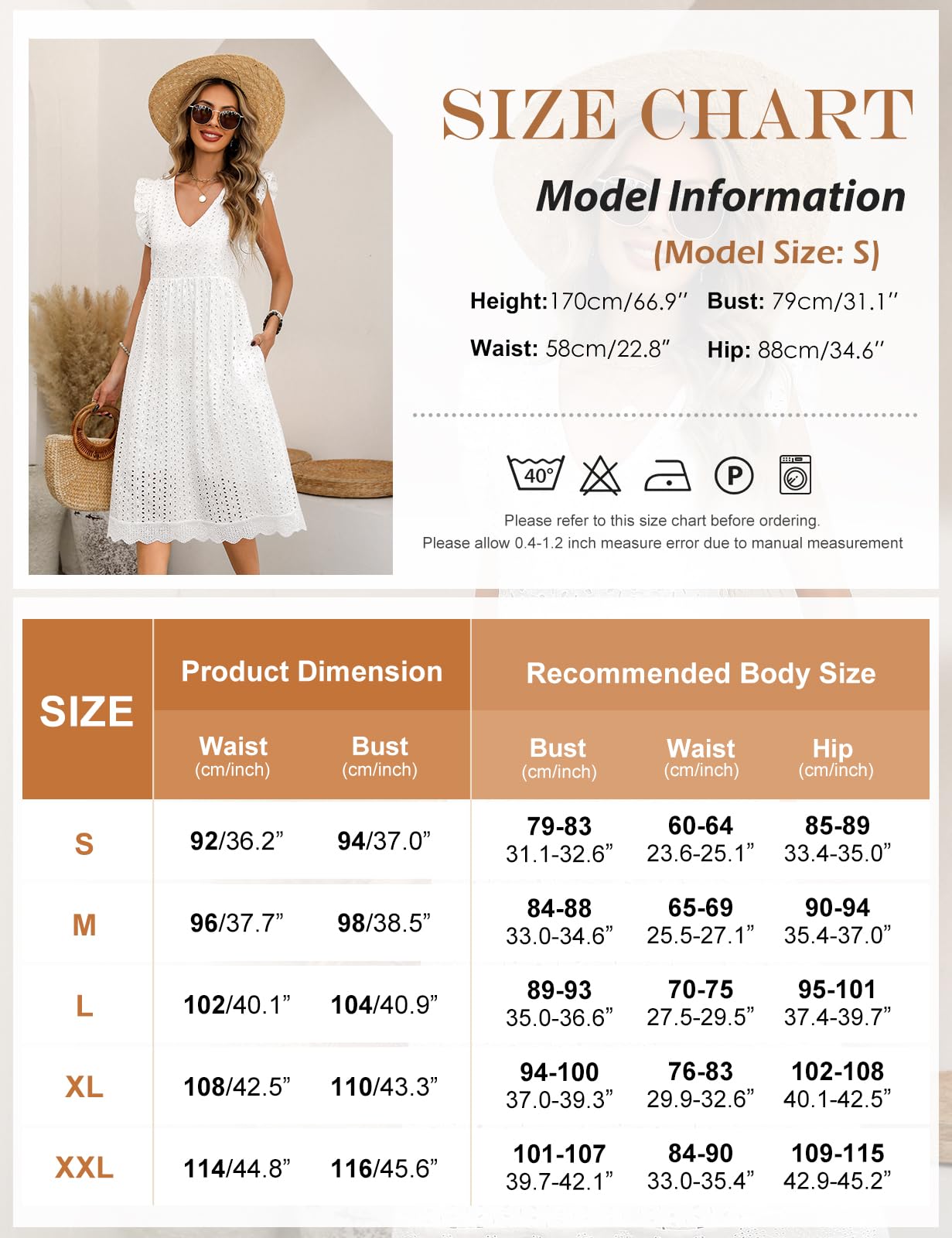 Vestido Mujer Verano Casual Vestido Largo con Manga Volante Cuello V Elegante Cintura Alta A-Line Vestidos Hueco de Flores Jacquard Sólida Algodón Vestidos de Playa con Bolsillos
