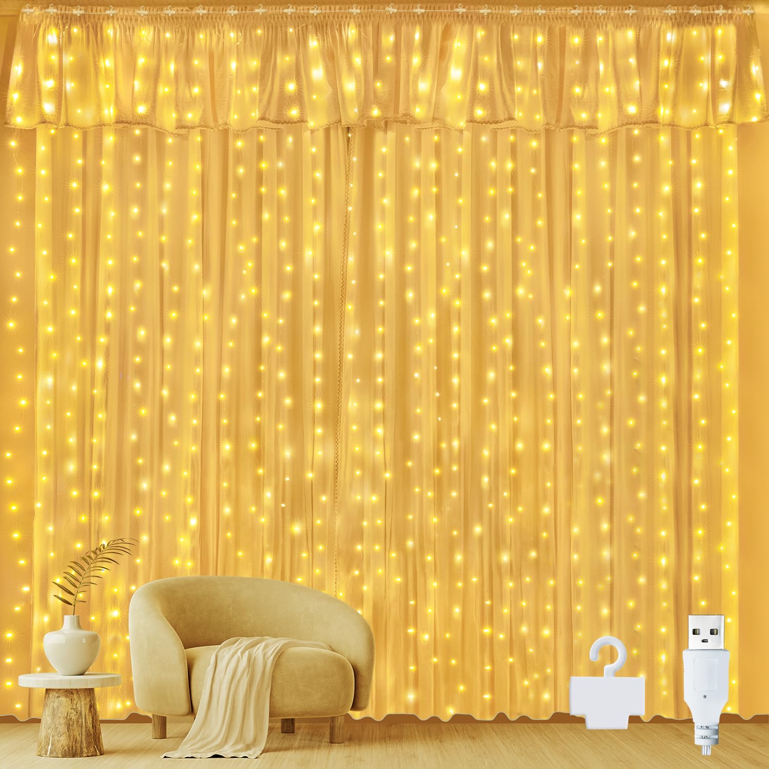 Ollny Indoor Light Curtain, 3 x 3 m, 300 LEDs, Fairy Lights, Outdoor, Warm White, USB