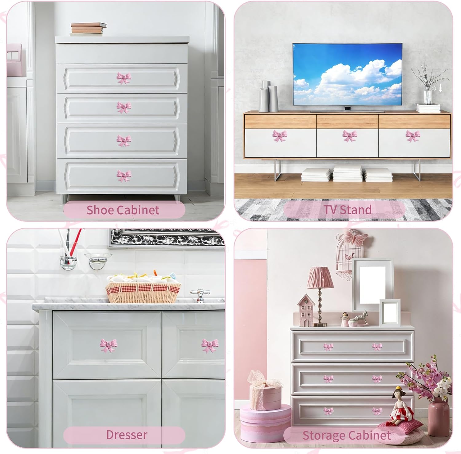 10 Pcs Pink Bow Dresser Knobs Cabinets Hardware Pulls Decorative Vintage Coquette Bow Drawer Knobs for Home Girls Room Bedroom Vanity Desk Wardrobe