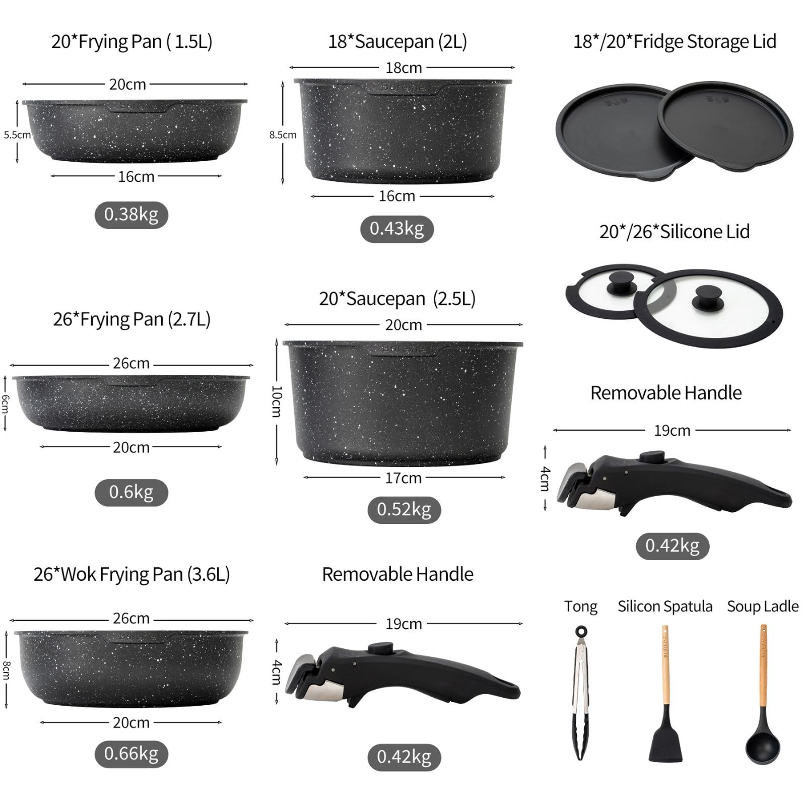 BOREINE Set di Pentole e Padelle 14 Pezzi, Batteria Pentole Antiaderente Senza PFOA e PTFE, Manico Removibile, Compatibile Induzione, Gas, Forno e Tutti i Piani Cottura, Nero