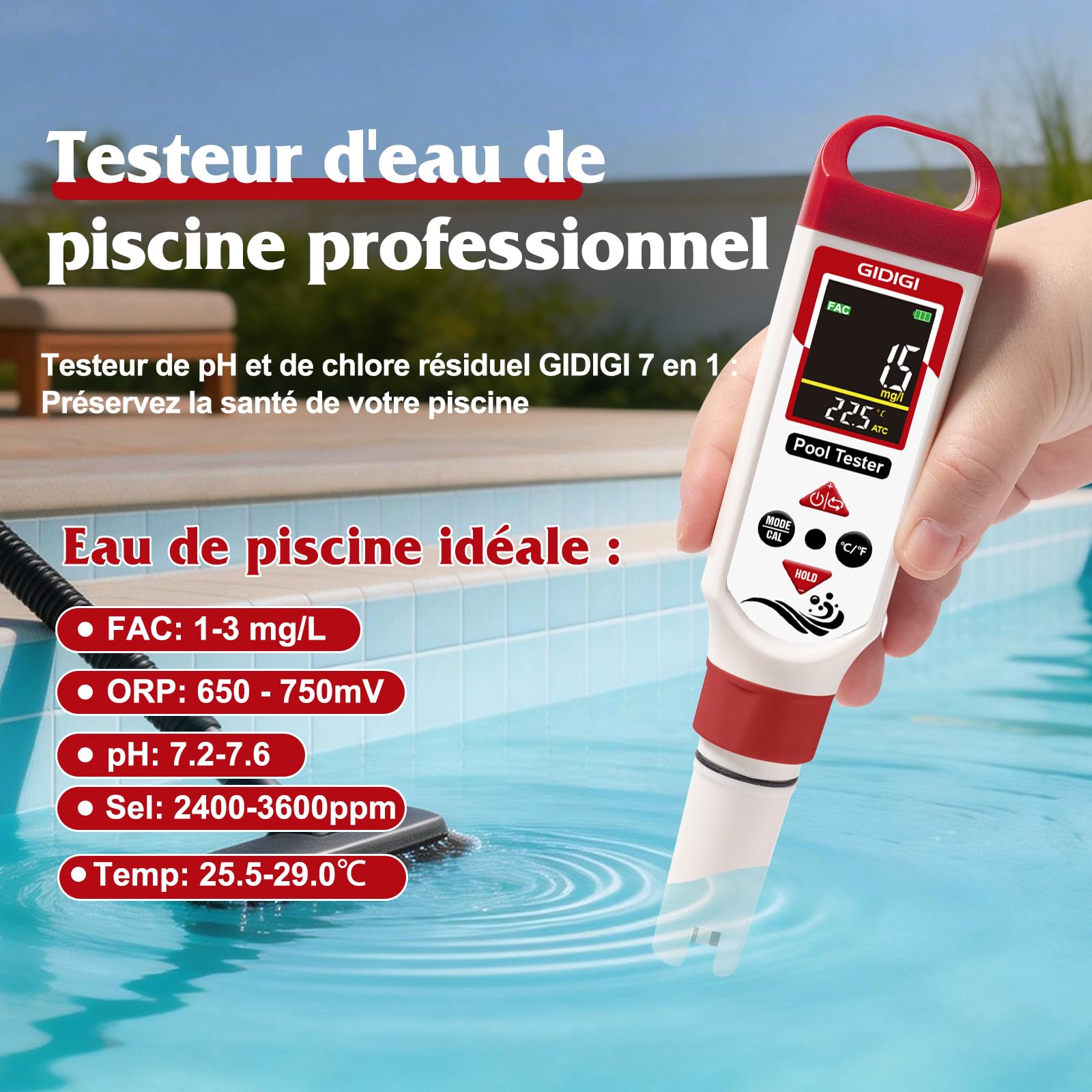Testeur de chlore et de pH numérique, Salinomètre pour piscine | testeur d'eau 7 en 1 avec fonctions pH, ORP, chlore, EC, TDS,sel et température pour piscine, spa et eau potable