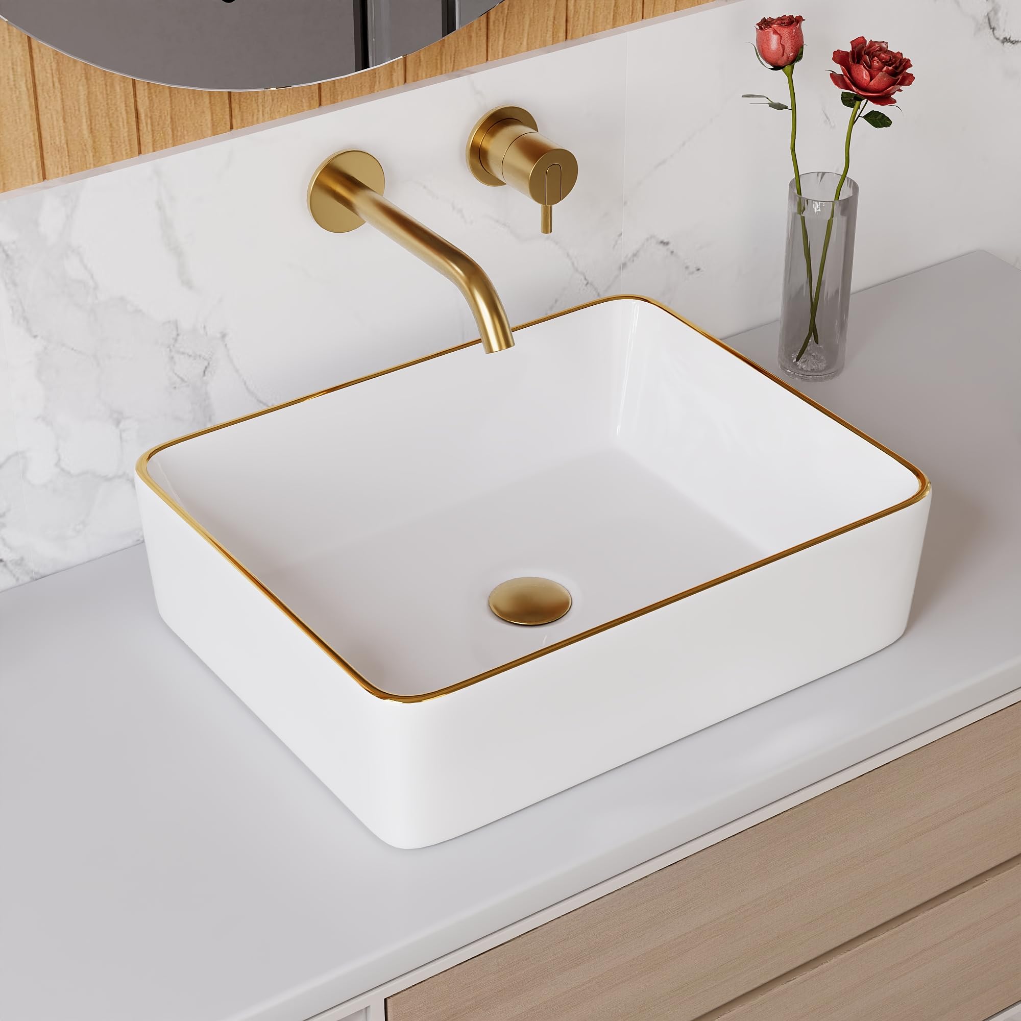 Ceramic Countertop Basin, DeerValley Rectangular Bathroom Vessel Sink, White Gloss Wash Basin Sink for Cloakroom Lavatory Vanity Cabinet 48 x 37 x 14cm