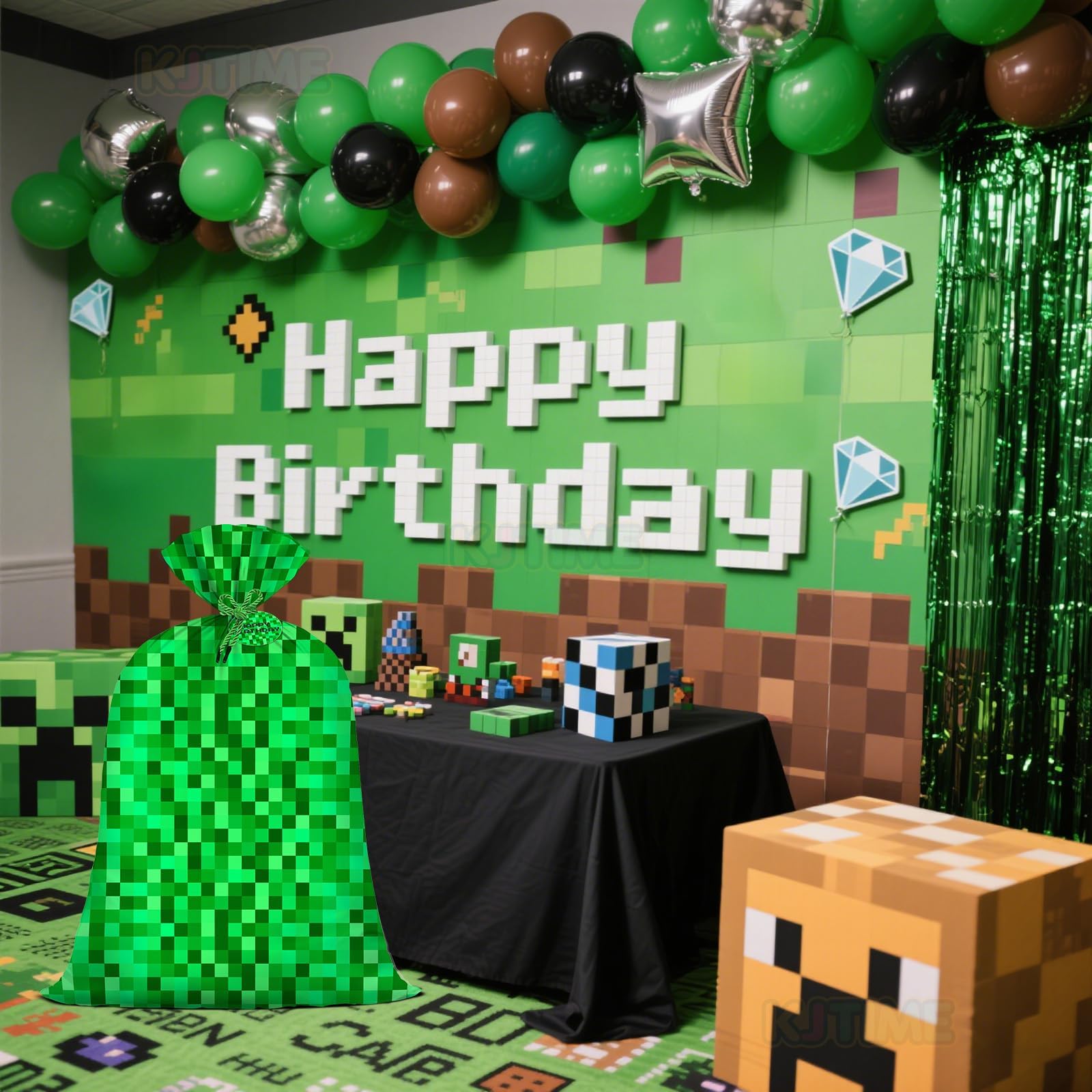 Jumbo Large Plastic Gift Bag Green Pixel Party Favor Bags for Boys 56''x36'' Video Game Kids Birthday Decorations Miner Theme Christmas Party Supplies