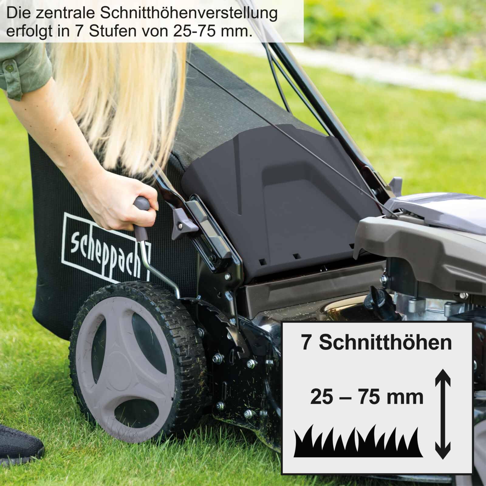 Scheppach MS173-51B Black Edition Rasenmäher Benzin - 51cm Schnittbreite | Reinigungsfunktion | 65 Liter Fangkorb | Stahlgehäuse | 7-stufige Höhenverstellung | Mulchfunktion | Antrieb | Seitenauswurf
