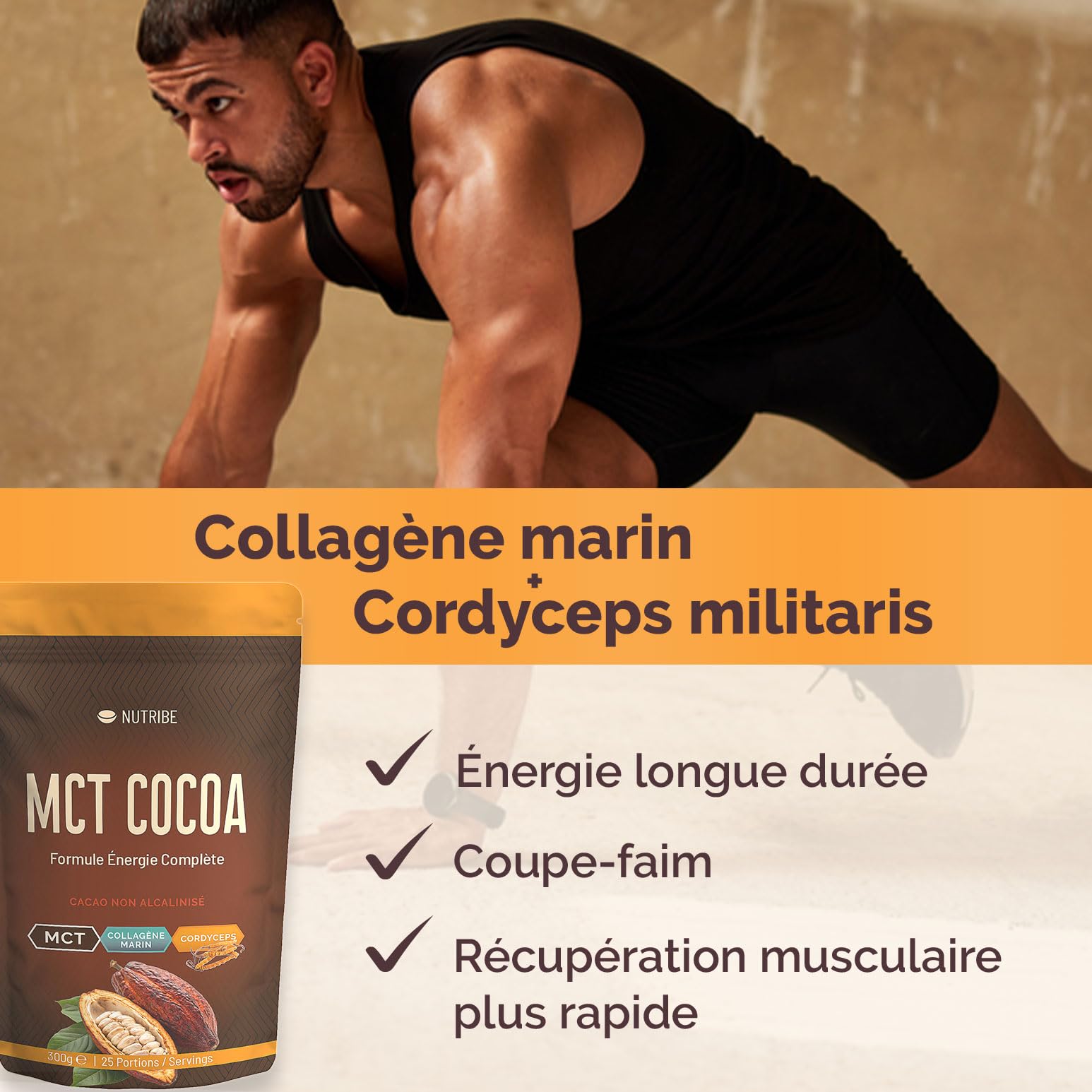 Cacao adaptogène au Cordyceps Bio | Collagène Marin | Formule énergie, antioxydants naturels, coupe-faim idéal pour le jeûne intermittent