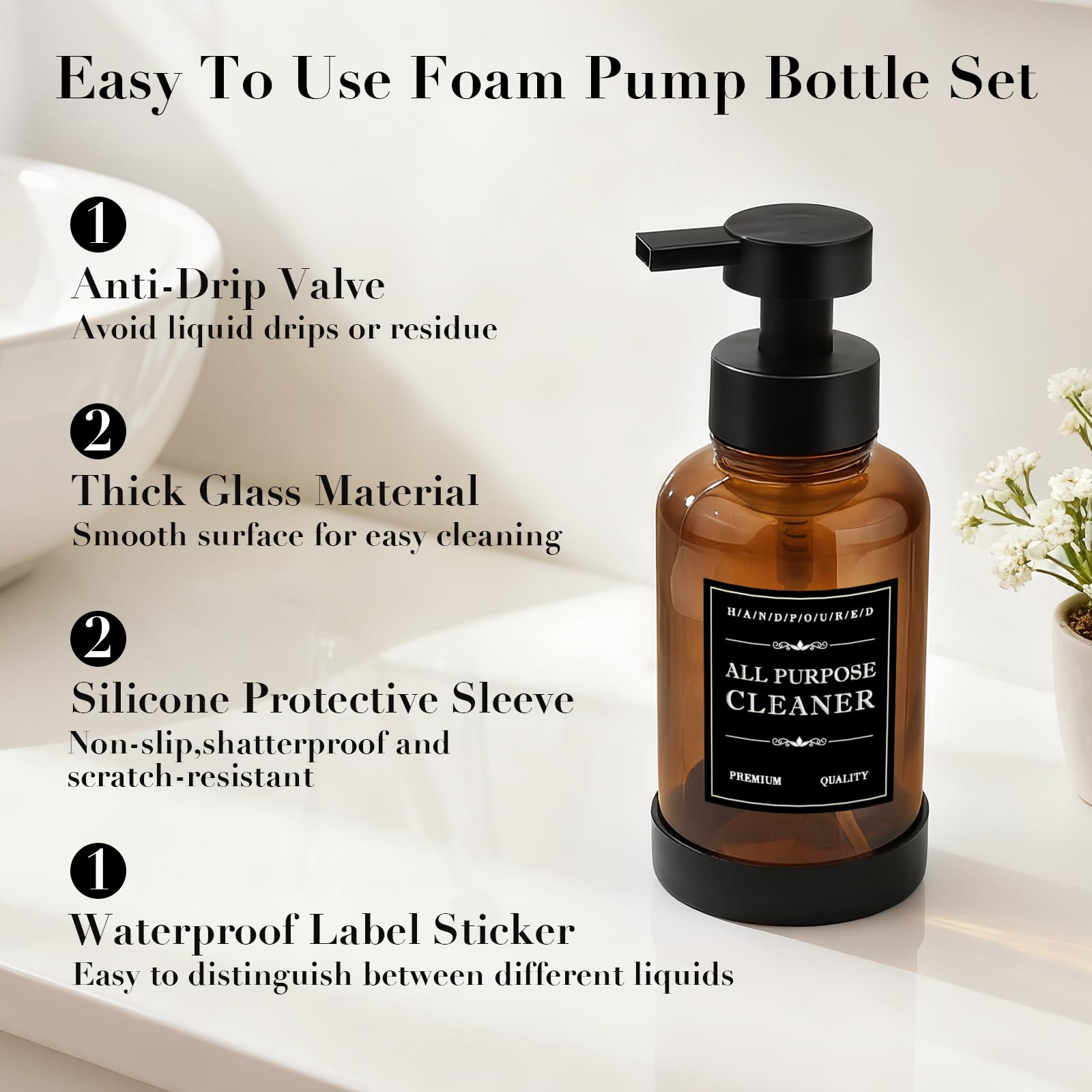 2 Peezi 400ml Distributori di Sapone in Schiuma, Maxumille Marrone Schiuma Dispenser Sapone Bagno, Flaconi Riutilizzabili per Shampoo con Mano Antiscivolo, per Bagni e Cucine Hotel