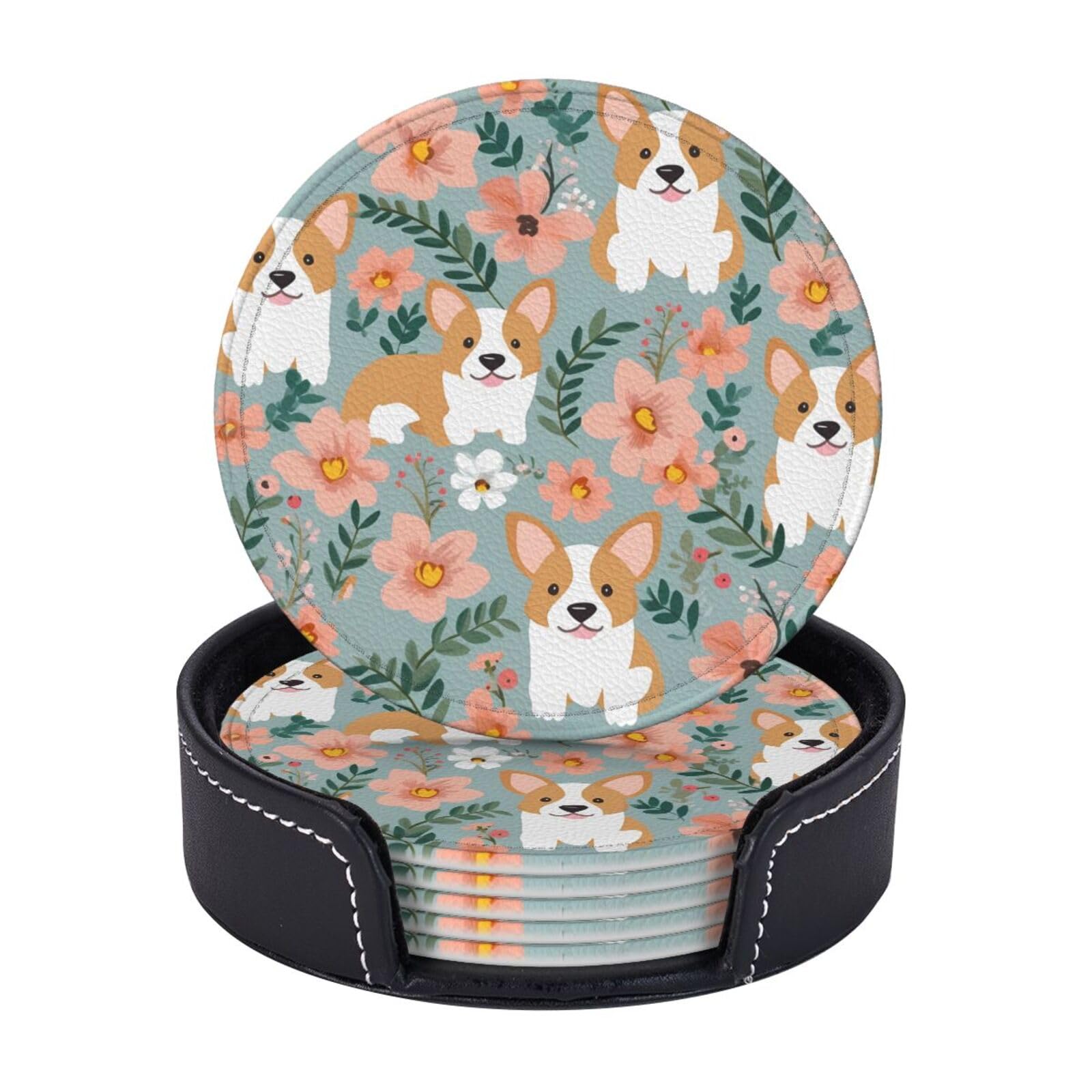 Round Coasters for Drinks Set of 6 - PU Leather Coasters with Holder - Modern Drink Coasters for Coffee Table - Corgi Floral Flowers Spring Garden Coaster for Tabletop Protection 4" Cup Mat Pad