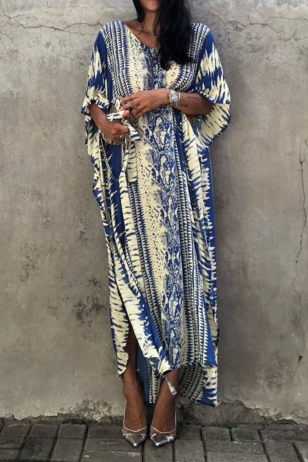Jecarden Długa sukienka kaftanowa kaftan maxi sukienka damska na co dzień boho letnia sukienka maxi kaftan nocna odzież plażowa okrycie szlafroki dla kobiet pań