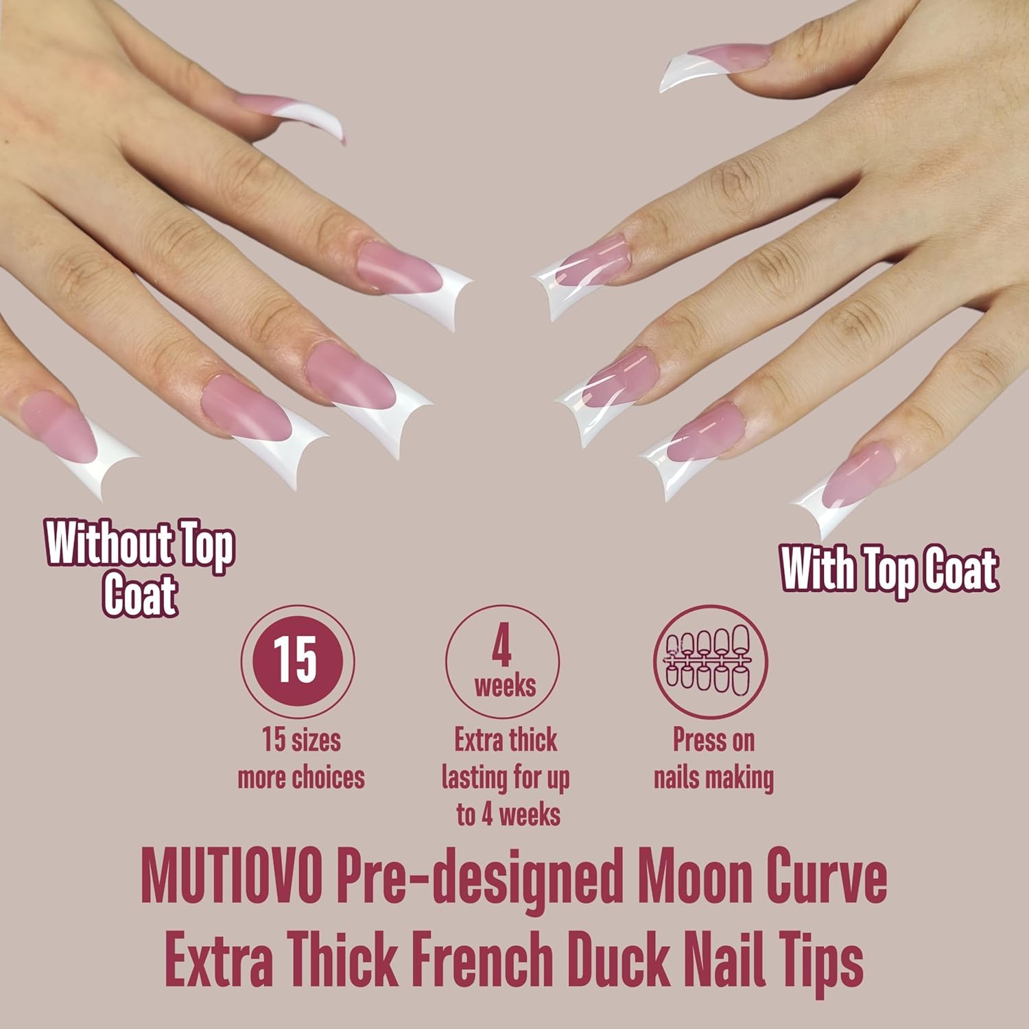 White French Tip Duck Feet Nail Tips Full Cover for Press on Acrylic with Moon Curve, BERRY PINK Extra Thick Medim Long, Flare Wide Soft Gel Fake False Nail Extension x 15 Sizes 150 pcs