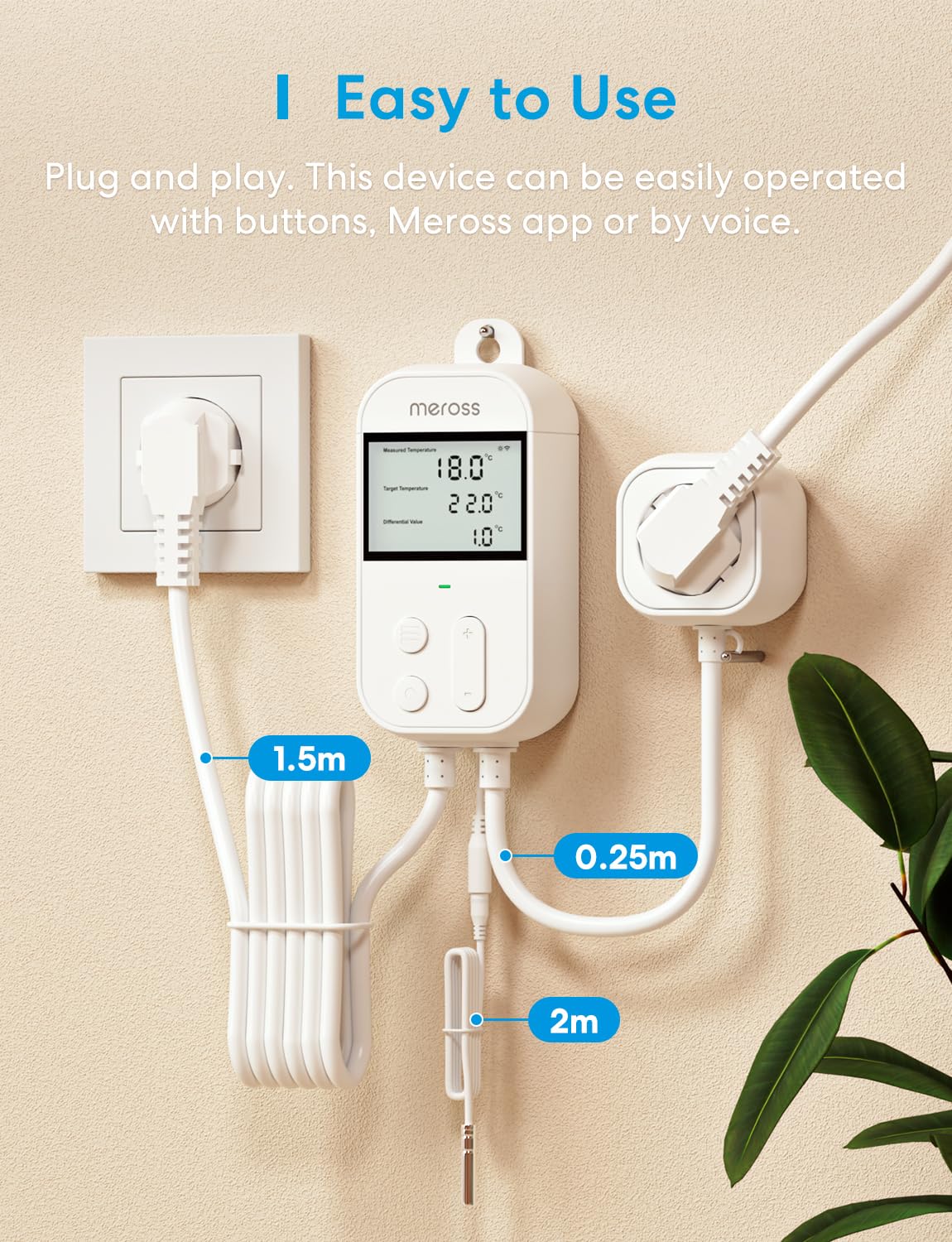 Meross Prise Thermostat Connectée, 16A 3680W Régulateur de Température WiFi pour Chauffage et Refroidissement, Compatible avec HomeKit, Alexa et Google Home, Commande Vocale et Contrôle à Distance