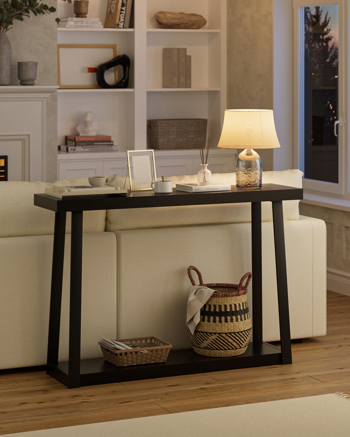 Mesa Consola, Mesa Auxiliar de Pasillo de Dos estantes y 120 cm de Largo con Espacio de Almacenamiento, para el Pasillo, la Entrada, el salón o el Dormitorio, Color Negro
