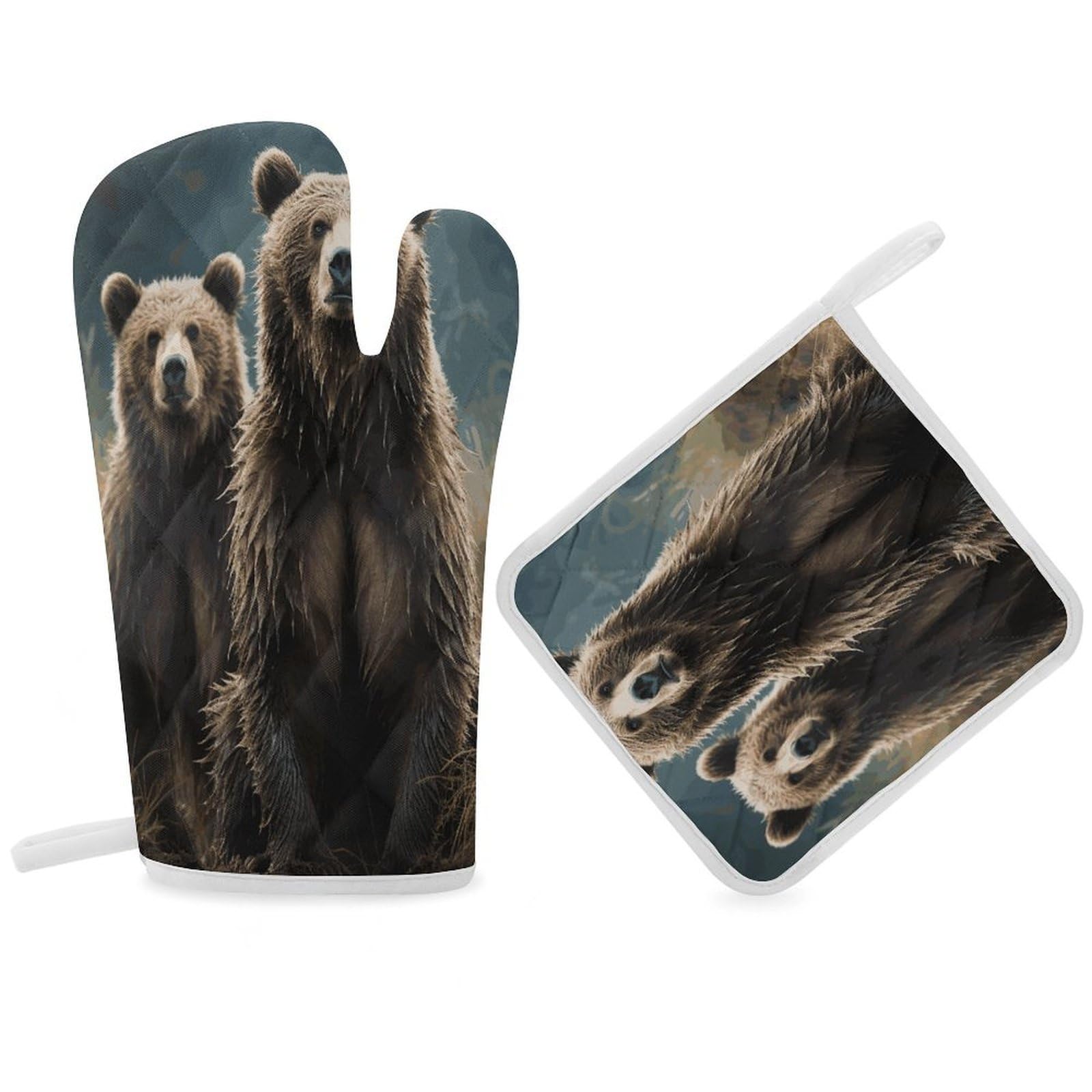 Fodpand Women's Style Encounter Animal Bear Oven Mitts And Pot Holders Sets,Oven Gloves For Kitchen Oven Mitts And Potholders For Baking Cooking Grilling Apartment Essentials