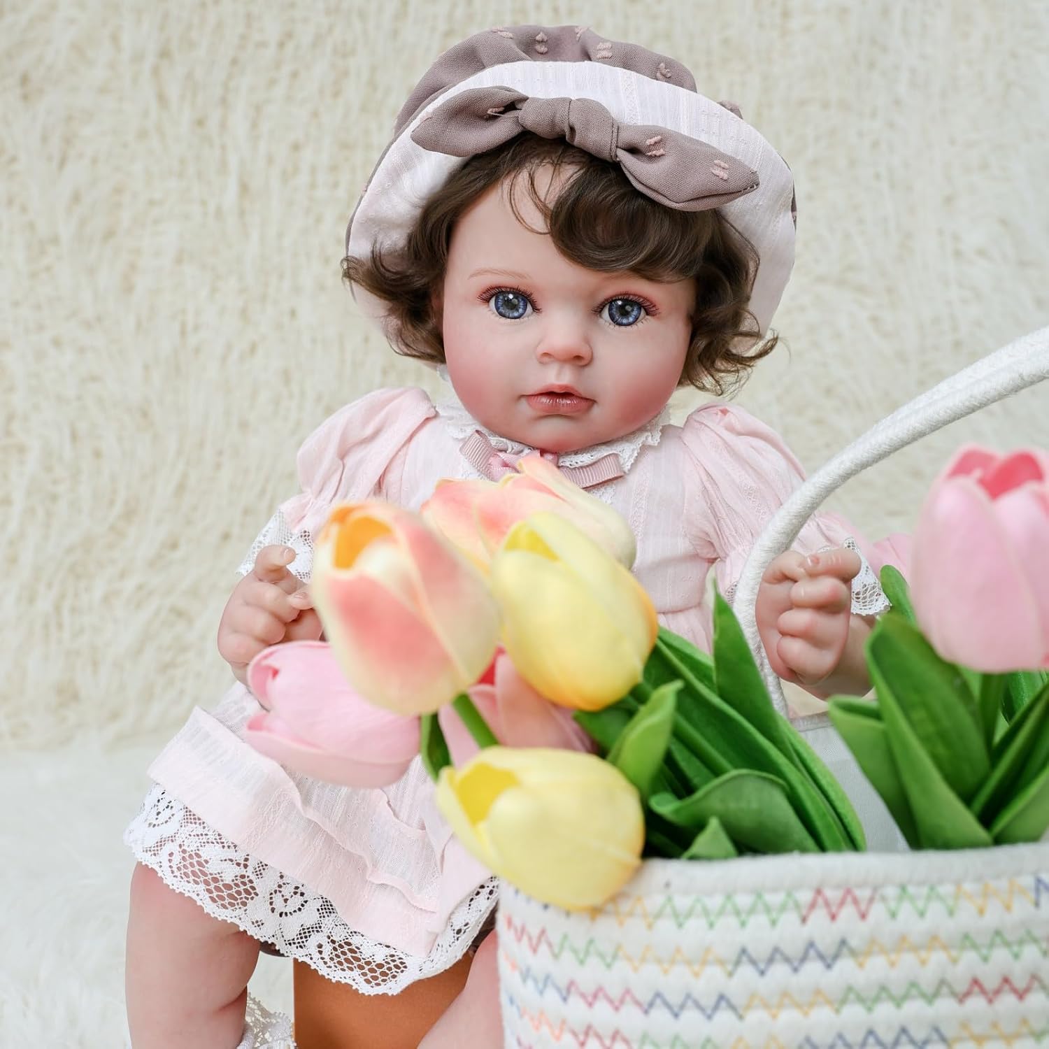 20inch Big Vinyl ＆ Fabric Lifelike Reborn Baby Doll, Black/White Newborn Doll with Cute Dress, Realistic Baby Doll with Magnetic Pacifier for Gifts, Name Stella (Pink Skirt)