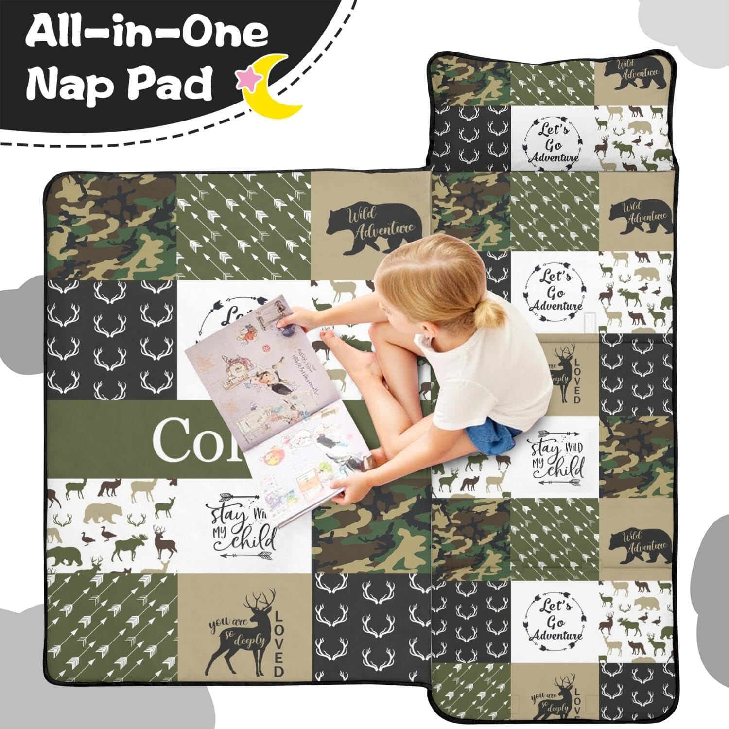 Personalized Woodland Deer Nap Mat Set with Name, Bear Sleeping Bags for Boys, Customized Camouflage Toddler Bed Mattress for Kids, Slumber Bags for Preschool, Daycare or Kindergarten, Sleep Sack