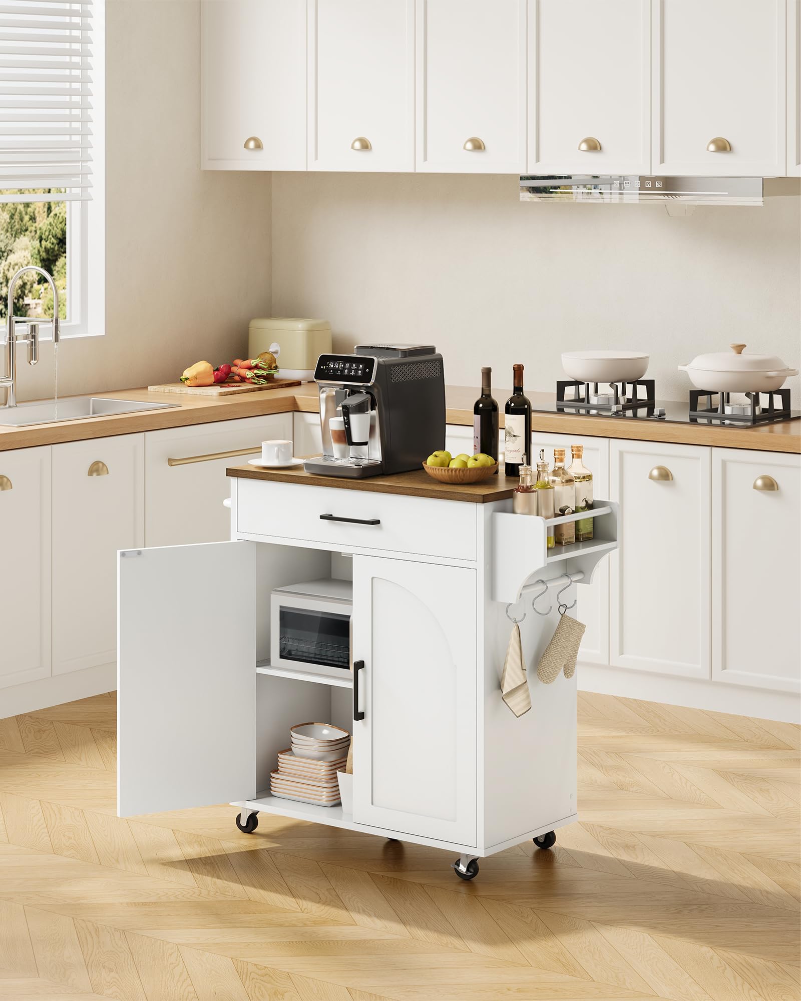 CHOEZON Isola da Cucina Mobile Stile Rustico, Mobile da Cucina con Rotelle con Contenitore, Carrello di Servizio con Cassetto e Ganci, Ripiano Porta Spezie, Bianco e Marrone Noce DMZD05WL