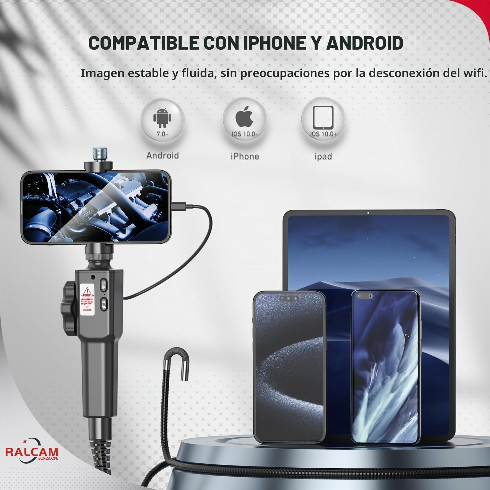Ralcam Endoscopio Industrial Cámara Endoscopica - Endoscopio para Móvil 8.5mm 1080P HD Cámara Inspección con 8 Luces LED Ajustables Boroscopio 2m Cable Semirrígido para Teléfono Android iOS (Cable 2m)