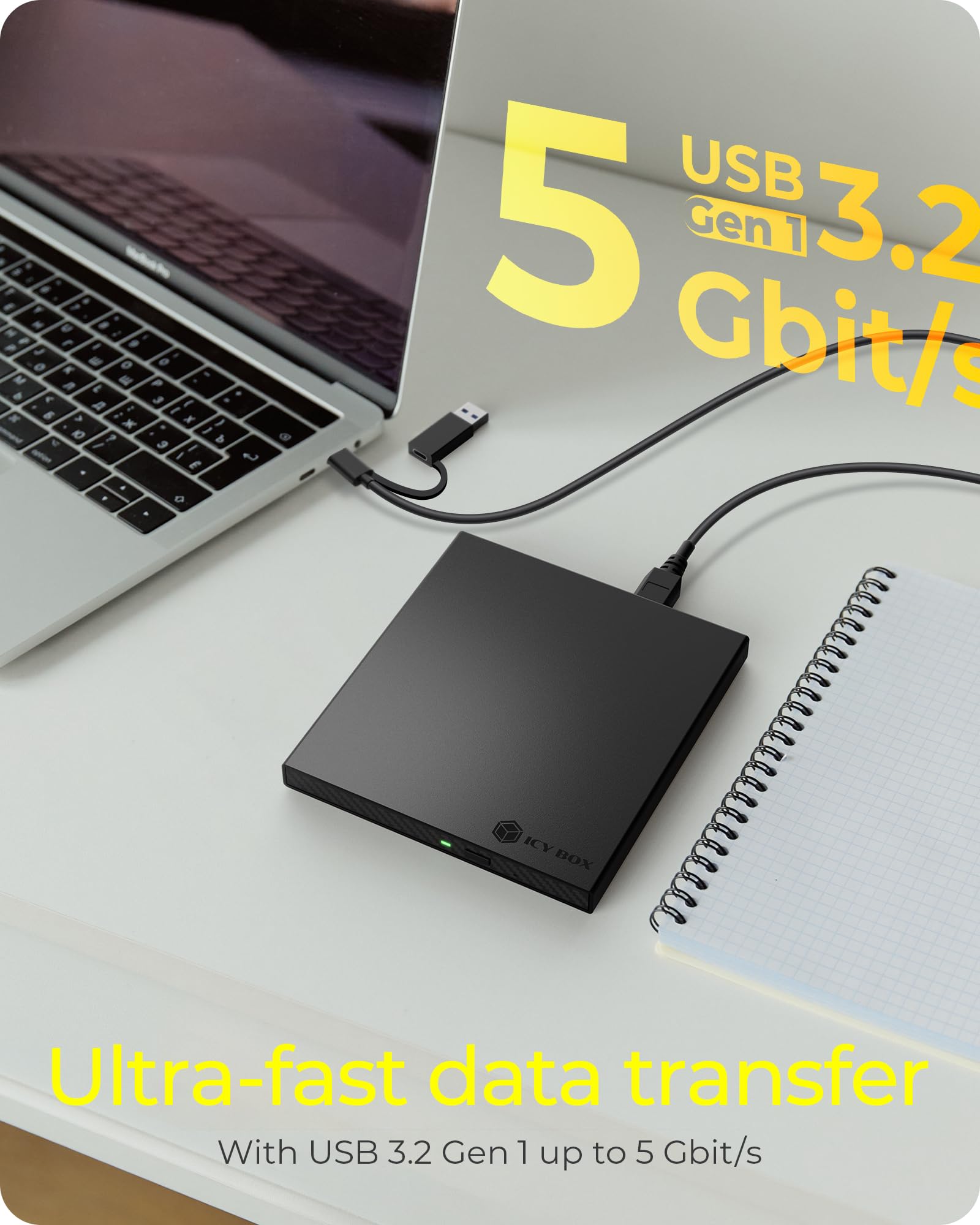 ICY BOX IB-AC640-C3 - Caja Externa de 5,25 Pulgadas para Reproductores BLU-Ray y DVD Ultra Fino (hasta 9,5 mm de Altura), USB-A y USB-C, USB 3.0 para grabadora de DVD, Aluminio, IB-AC640-C3