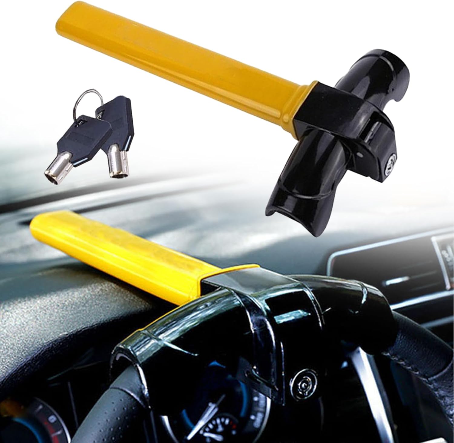 Car Steering Wheel Lock, Anti Theft Security Vehicle Rotary Steering Wheel Cylinder Locking Device with 2 Keys, Adjustable Length Universal for SUV RV Truck