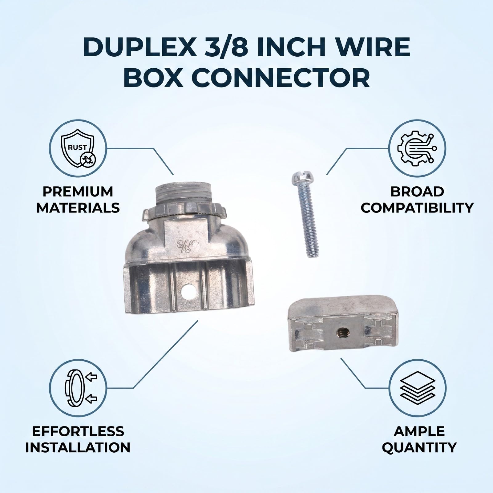 Luocute 50 Connettori Duplex per Scatola Cavi da 3/8 Pollici, Morsetto in Lega di Zinco per Condotto Flessibile in Metallo Cavo CA MC NM, Raccordi Elettrici a Gomito a 90 Gradi, Raccordi