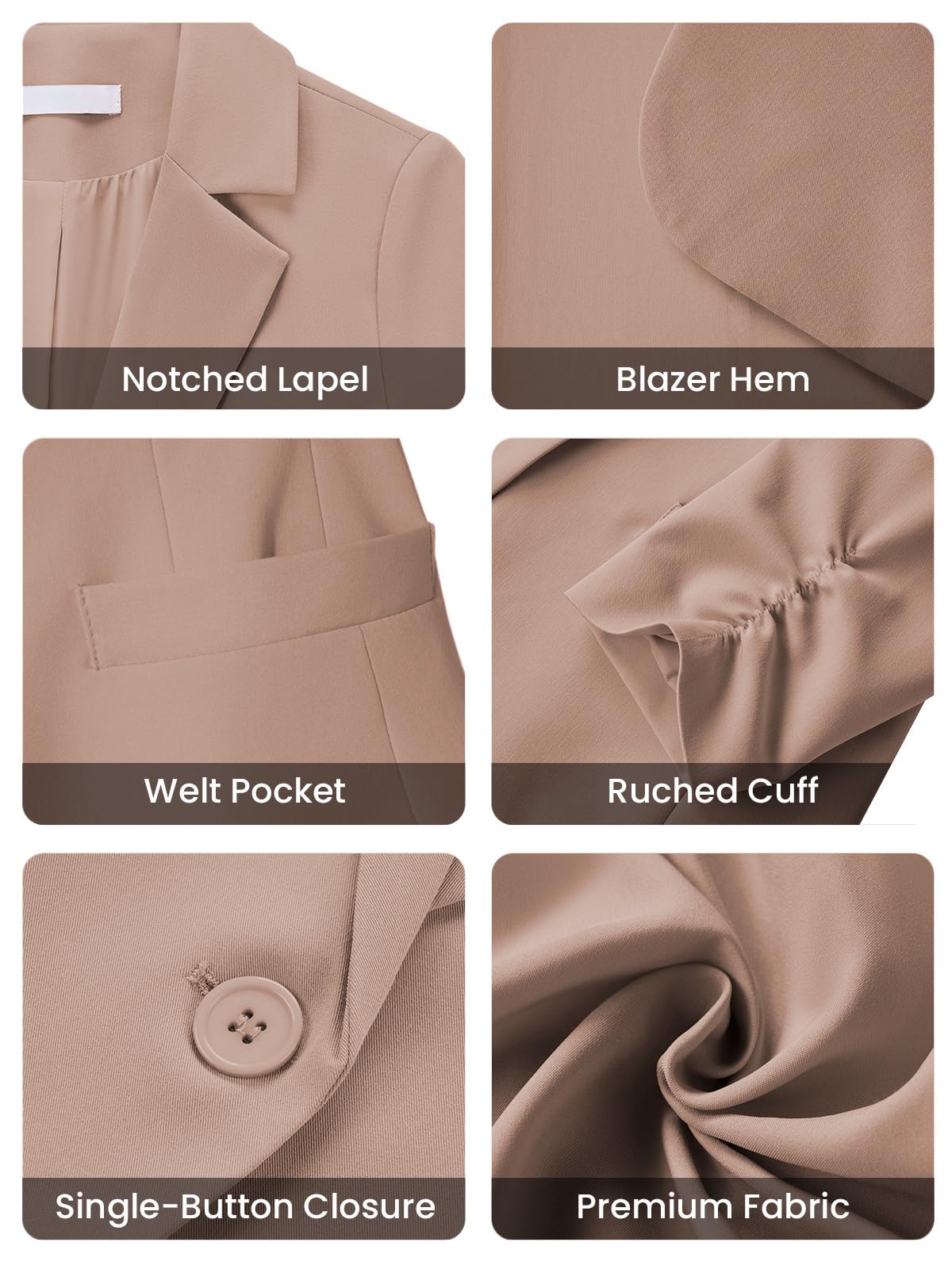 Blazer Femme Élégant Business Décontracté Manches 3/4 Froncées 1 Bouton Col à Revers Veste de Bureau avec Poches