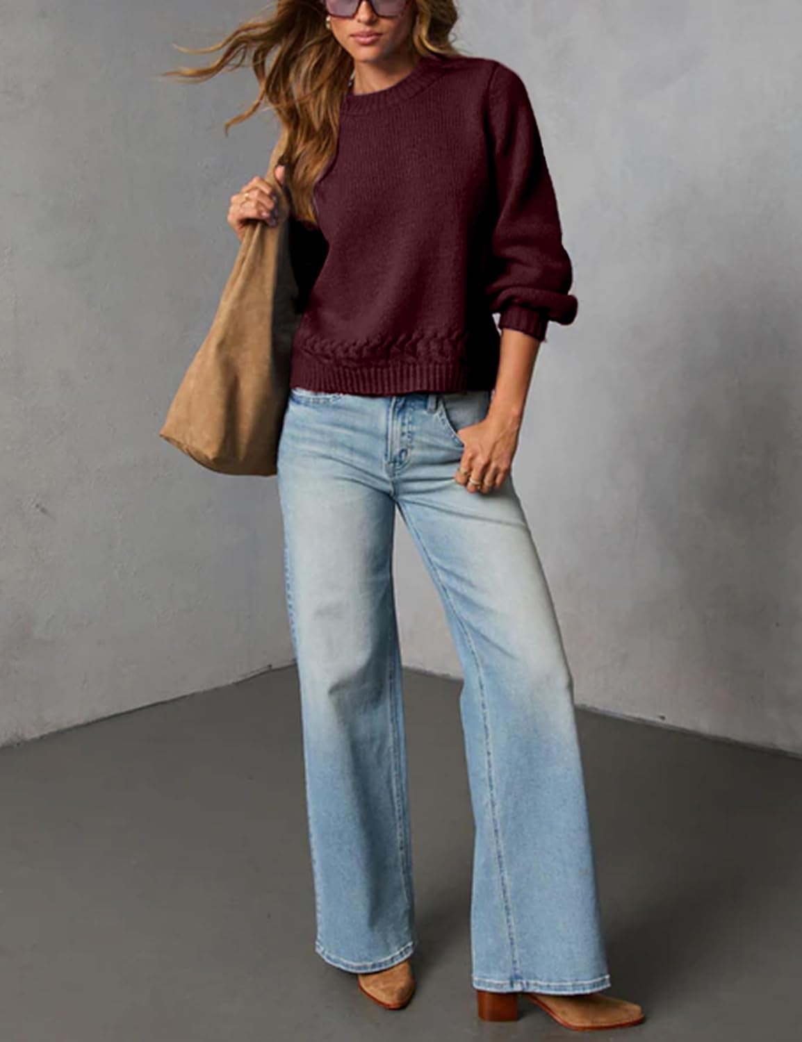 Womens Sweater Casual Solid Crew Neck Long Sleeve Ribbed Cable Knit Sweaters Pullover Tops - Image 6