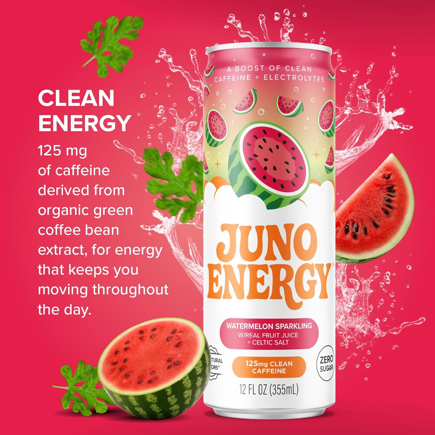 JUNO ENERGY Organic Watermelon Sparkling Energy Drink - Sugar Free, Energizing and Hydrating with 125mg Organic Caffeine from Green Coffee Beans, Stevia, Organic Watermelon Juice & Electrolytes - Vegan, Gluten Free, 12 Pack