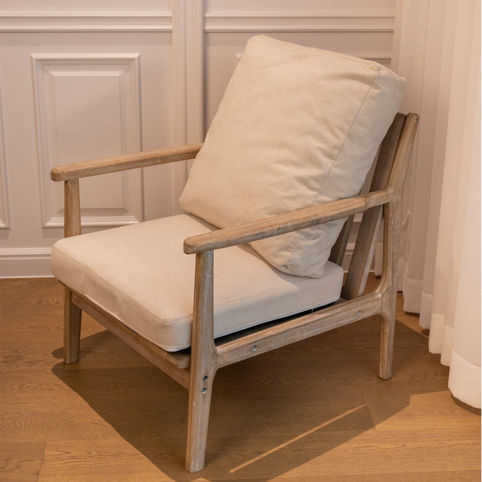 NW Mid Century Modern Accent Chair, Velvet Arm Chairs for Living Room Wooden Chair with Rattan Back Boho Wicker Chairs Indoor Beige-Brown Wood