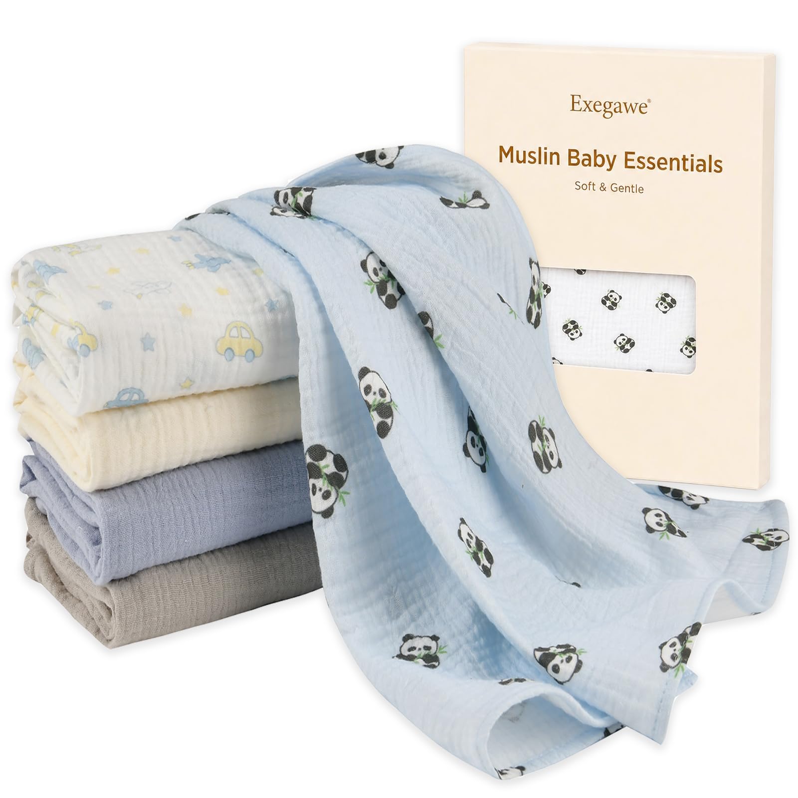 Exegawe Baby Muslin Cotton Squares Cloths 5-Pack, 60x60cm(Panda Set)