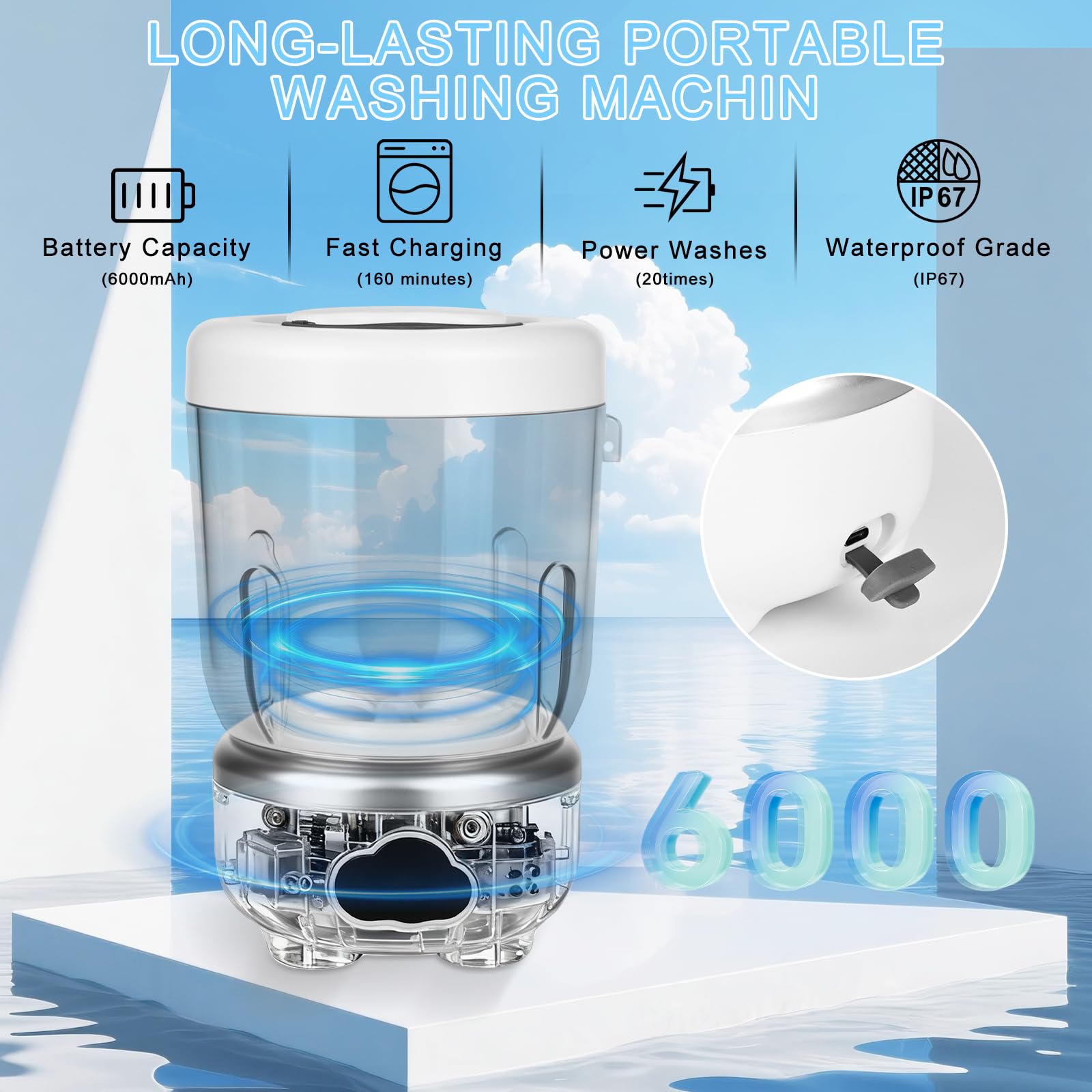 DMJJSD Lavadora portátil, lavadoras pequeñas de 1,6 L, 6000 mAh, 3 modos de lavado, pantalla LED, lavadora plegable USB, para camping, hogar, apartamento, hotel, camping y viajes — view 7