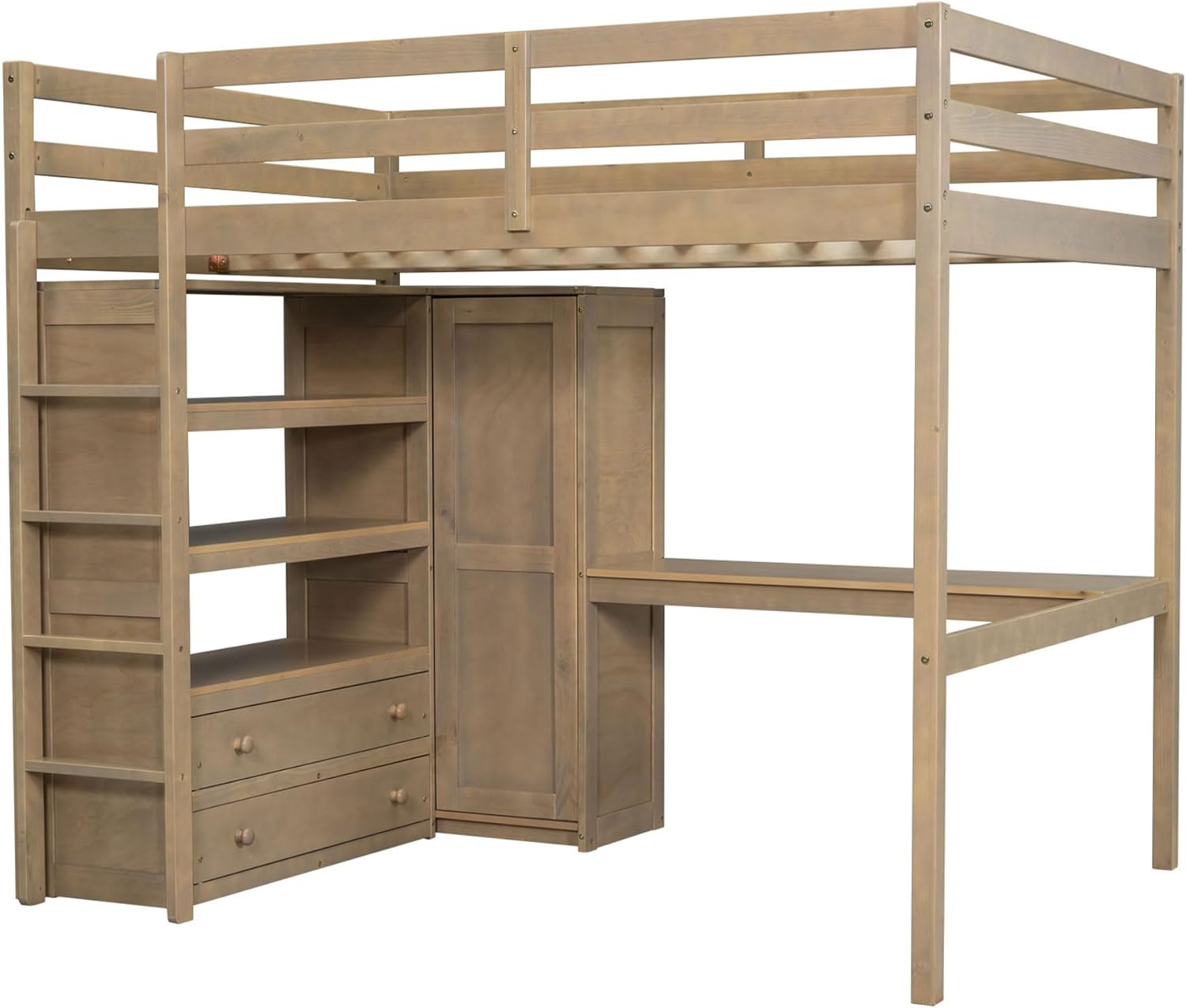 Full Size Loft Bed Frame with Built-in Wardrobe, Desk, Storage Shelves and Drawers, Multifunctional Wood Loft Bed with Desk & Stairway for Kids Boys Girls Teens (Walnut)