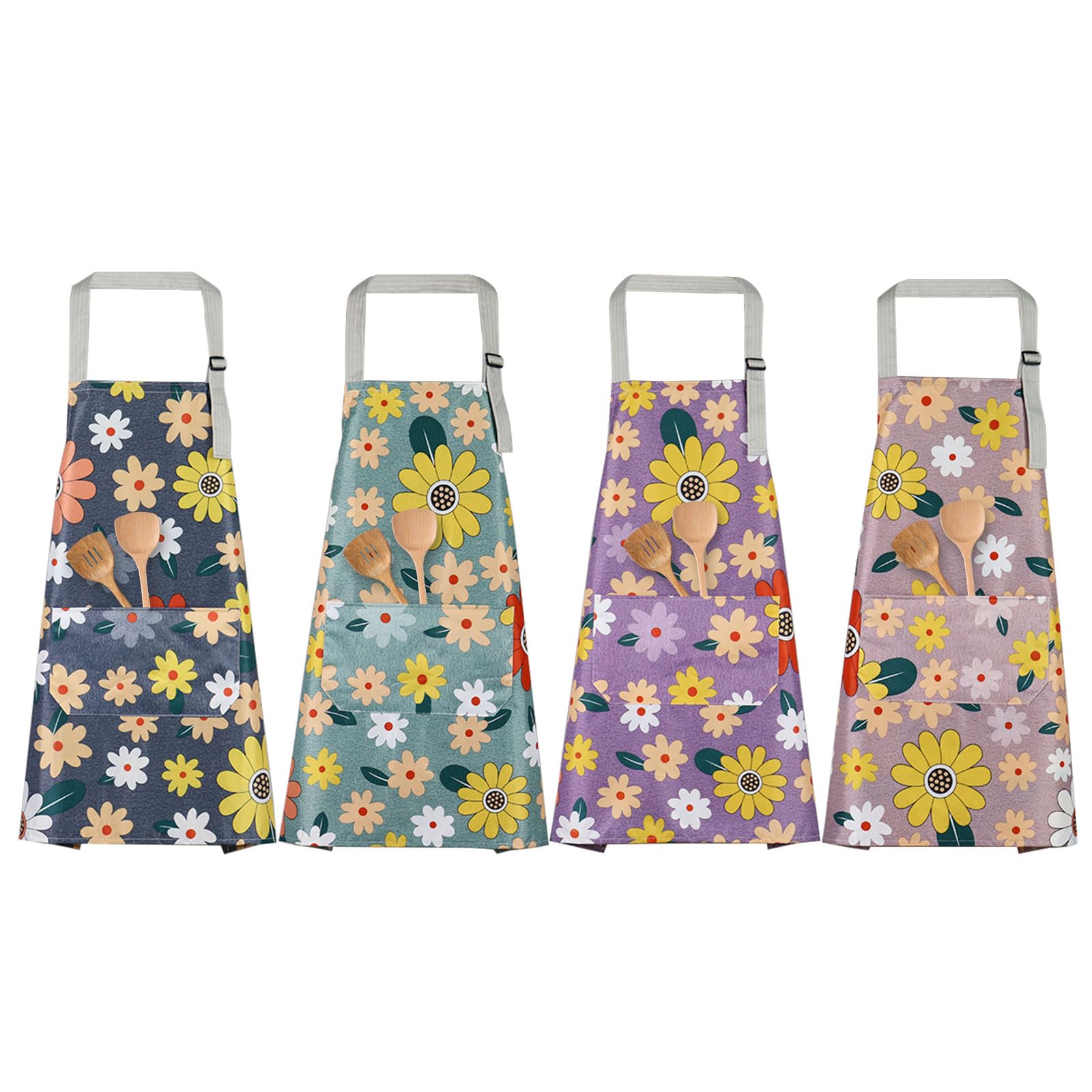 4 Piezas Mandiles de Cocina Delantal Cocina Mujer Ajustables Delantal Mujer con Bolsillos Grandes Delantales de Cocina Mujer Impermeables para Cocina Jardín y Salón