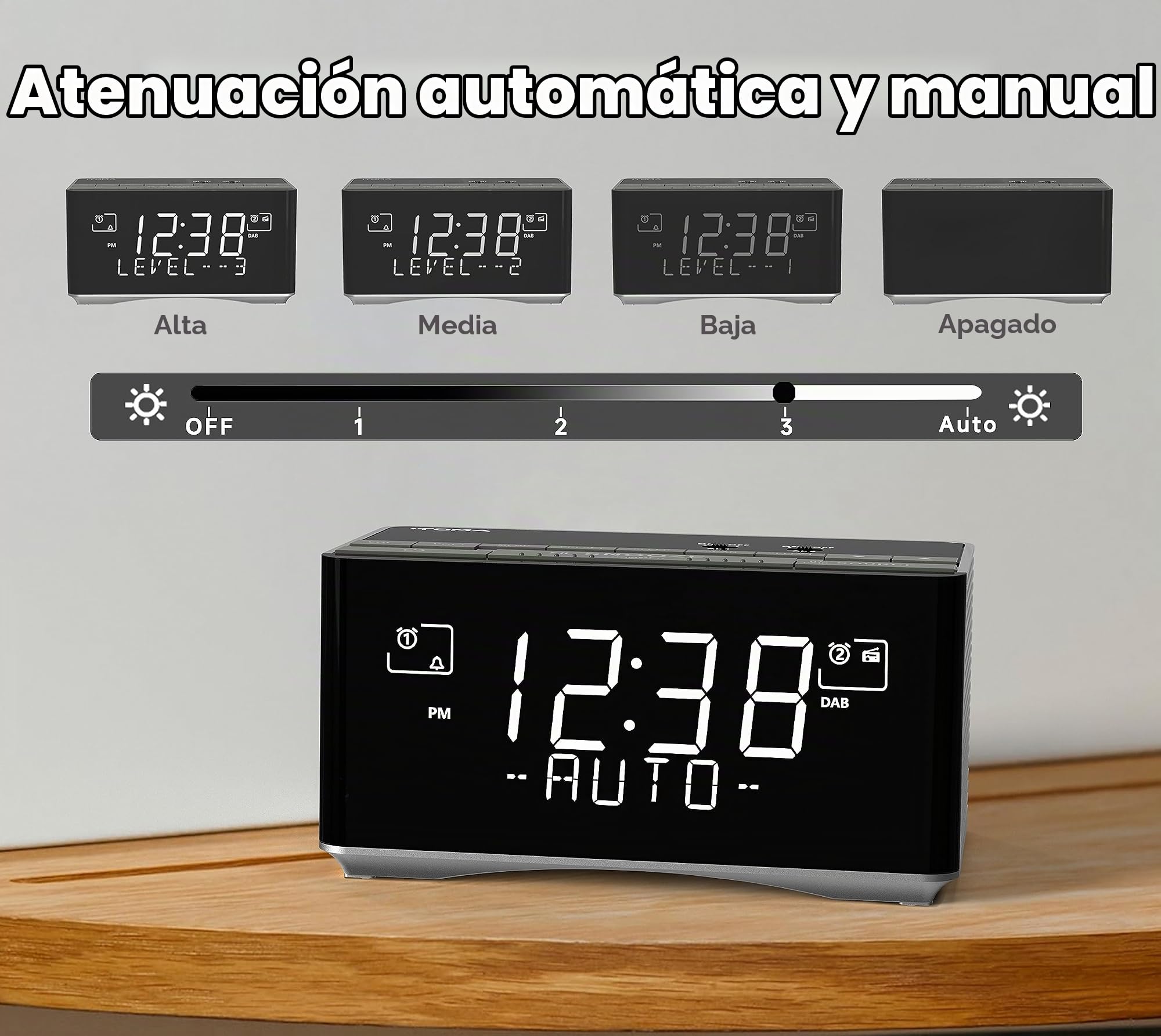 Despertador de Radio FM y Dab con Puerto de Carga USB, Altavoz estereofónico Bluetooth, Enchufe de Auriculares, Doble Alarma, Snooze, Pantalla LCD Ajustable itoma 3501