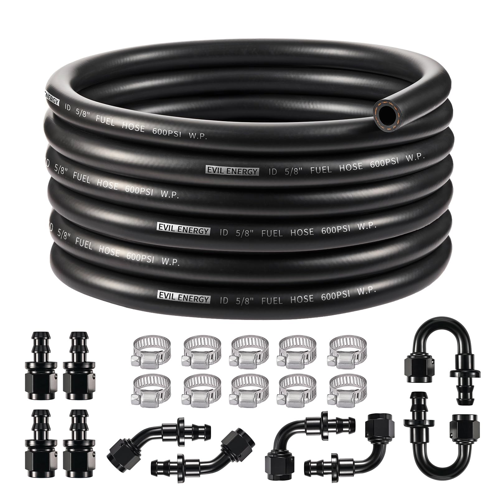 EVIL ENERGY 10AN 5/8 Fuel Line Kit 20FT, CPE Rubber 5/8 Fuel Hose with Push On Fittings and Hose Clamps 20PCS, Black-image-49