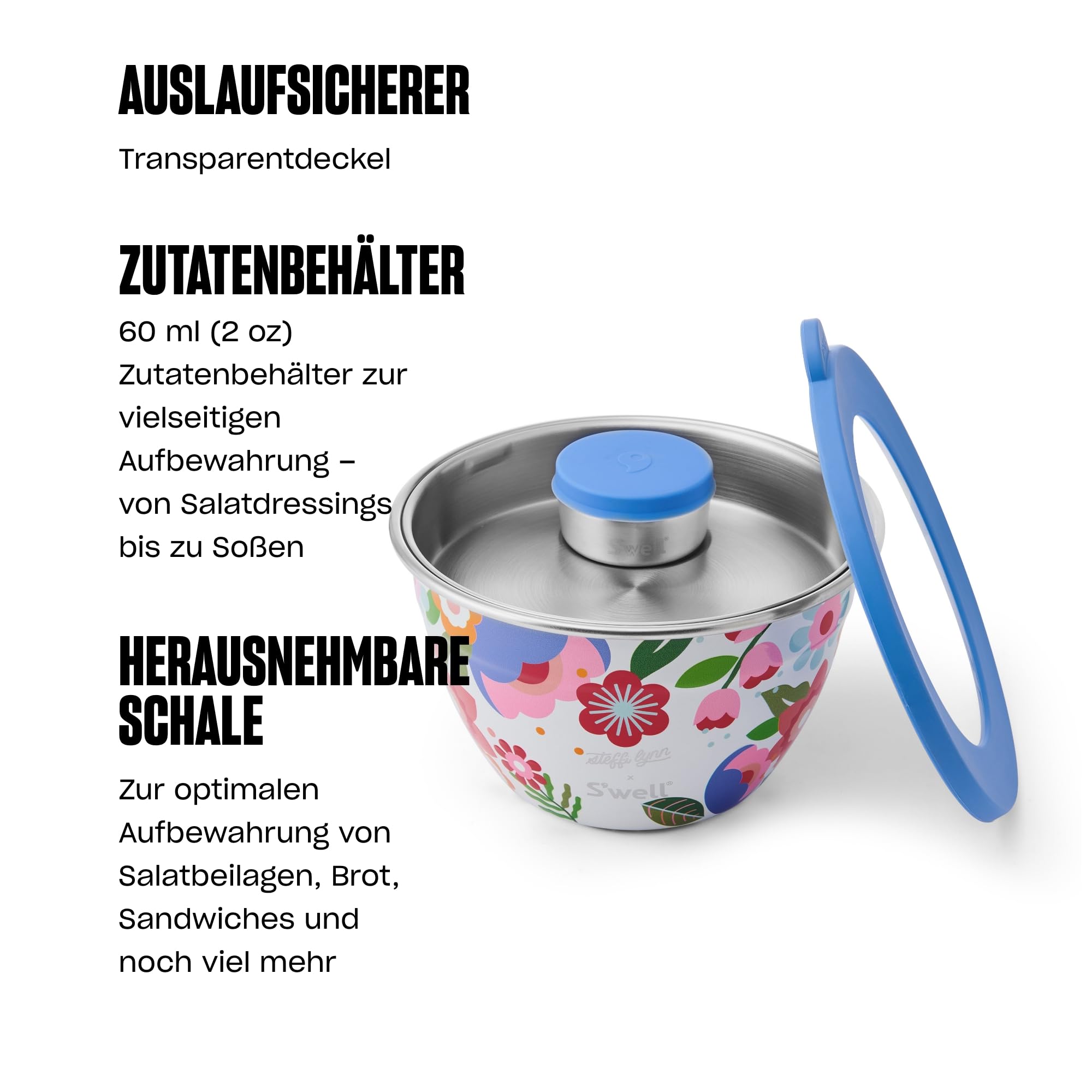 S'well x Steffi Lynn Salatschüssel-Set aus Edelstahl, 1,9 l, Kunstdesign, mit 60 ml Gewürzbehälter und abnehmbarer Schale zur Organisation, auslaufsicher, leicht zu reinigen, spülmaschinenfest