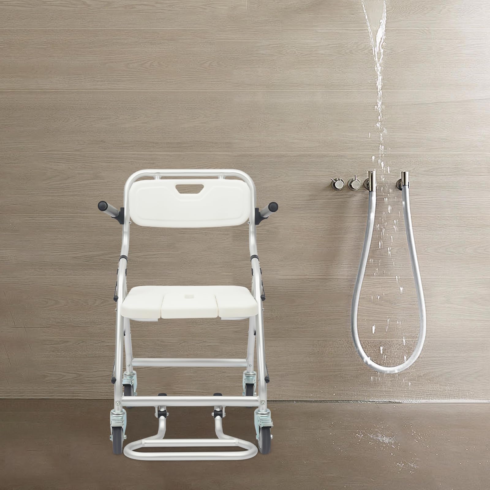 Klappbar Duschstuhl mit Rollen, Duschhocker für Senioren mit Rollen Wasserdichter und Rutschfester, Weiß Duschstuhl für Senioren Werkzeugfreie Montage,Tragfähigkeit 150KG