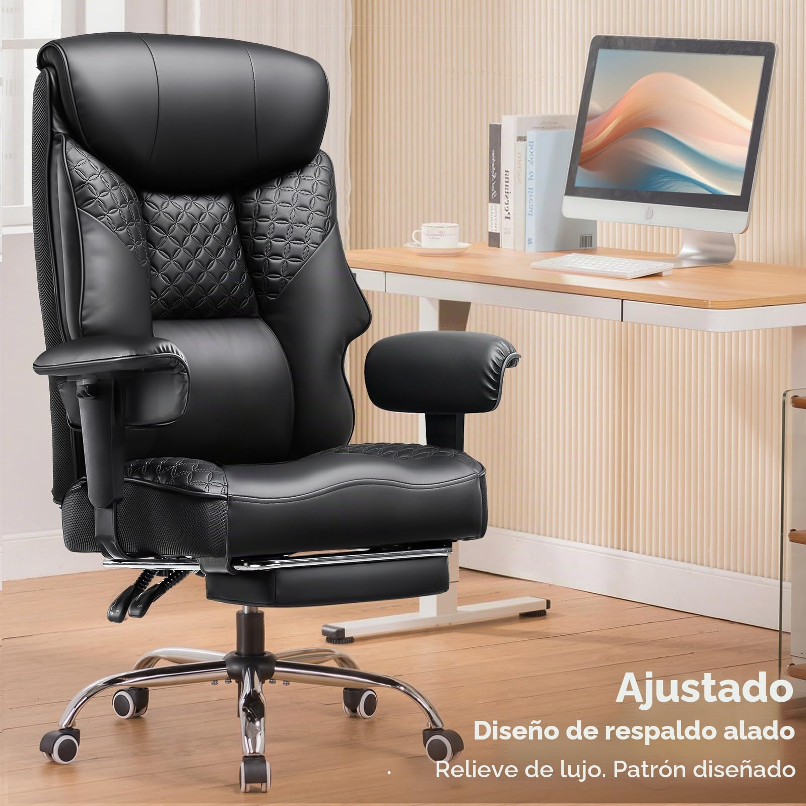 COMHOMA Silla de gaming para personas grandes y pesadas, silla de oficina ergonómica hasta 180 kg, cojín 3D, ajustable con reposapiés, piel sintética, alto confort para oficina y gaming, color negro