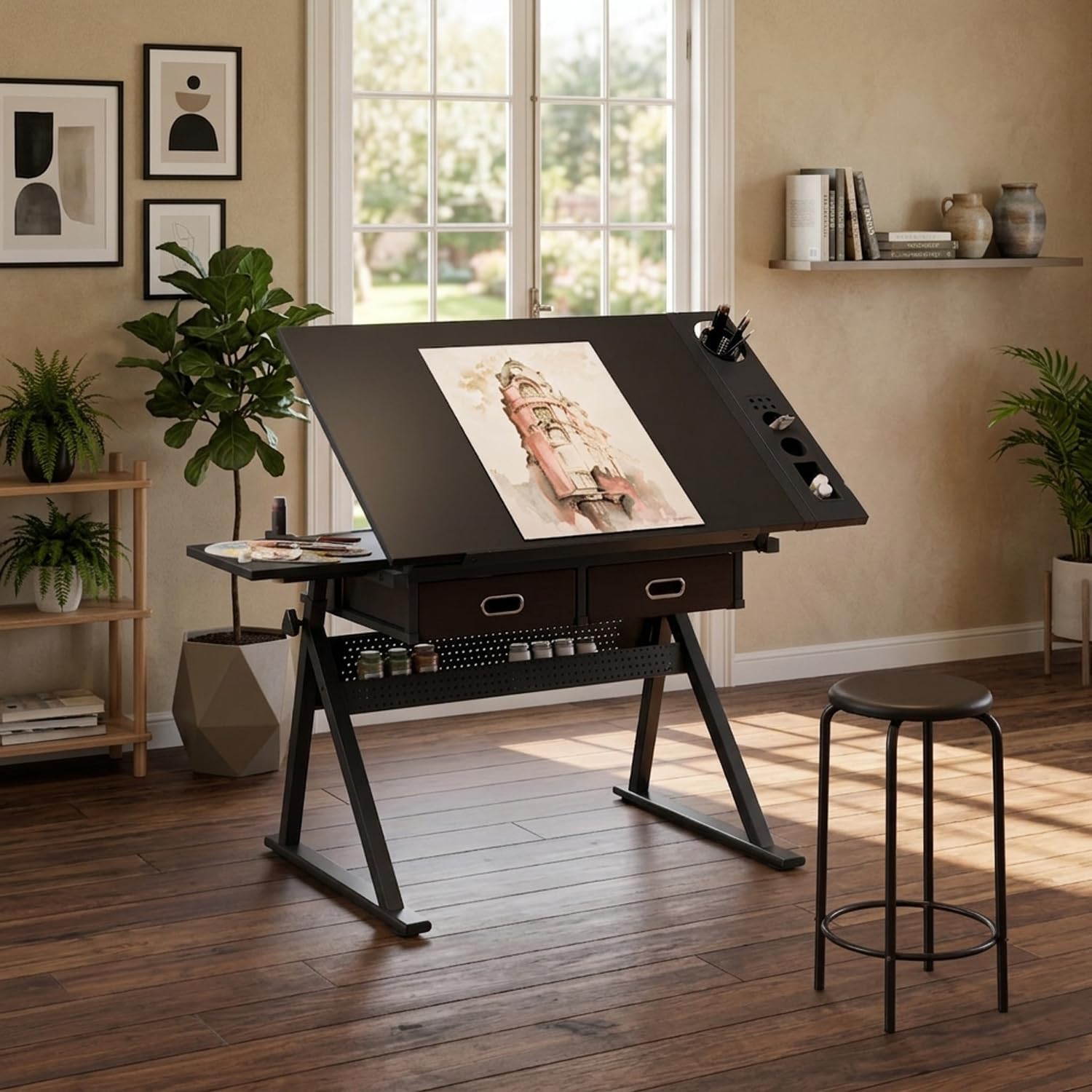 Artist Drawing Desk, Tilting Drafting Table with Adjustable Height 0-75° – 2 Drawers & Side Storage with Stool for Home Studio, Art Class, Designers (Black)