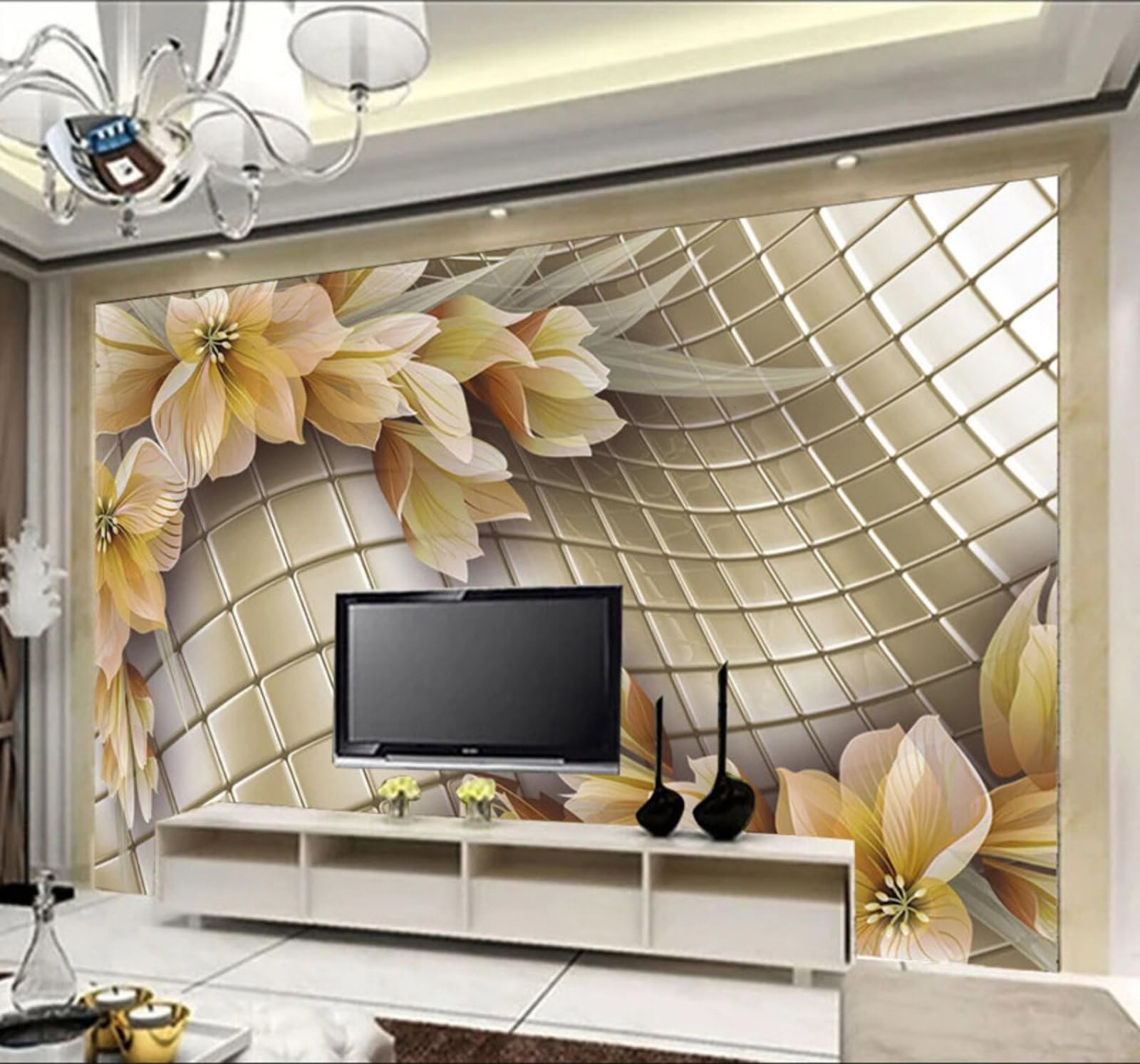 Wallpaper-3D-Xlm 350Cm×256Cm(B×H) Abstract Geometric Grid Beautiful Flowers 3D Wallpaper Easy Install Feature Office Living Room Sofa Bedroom Tv Background Wall Decoration-350Cm×256Cm