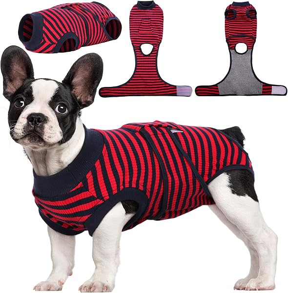 Kuoser Traje de Recuperación a Rayas para Perros y Gatos Post Operatorio, Protector de Heridas Abdominales/Enfermedades de la Piel para Mascota, Evitar Lamidas E-Collar & Cono Sustitutos - 1