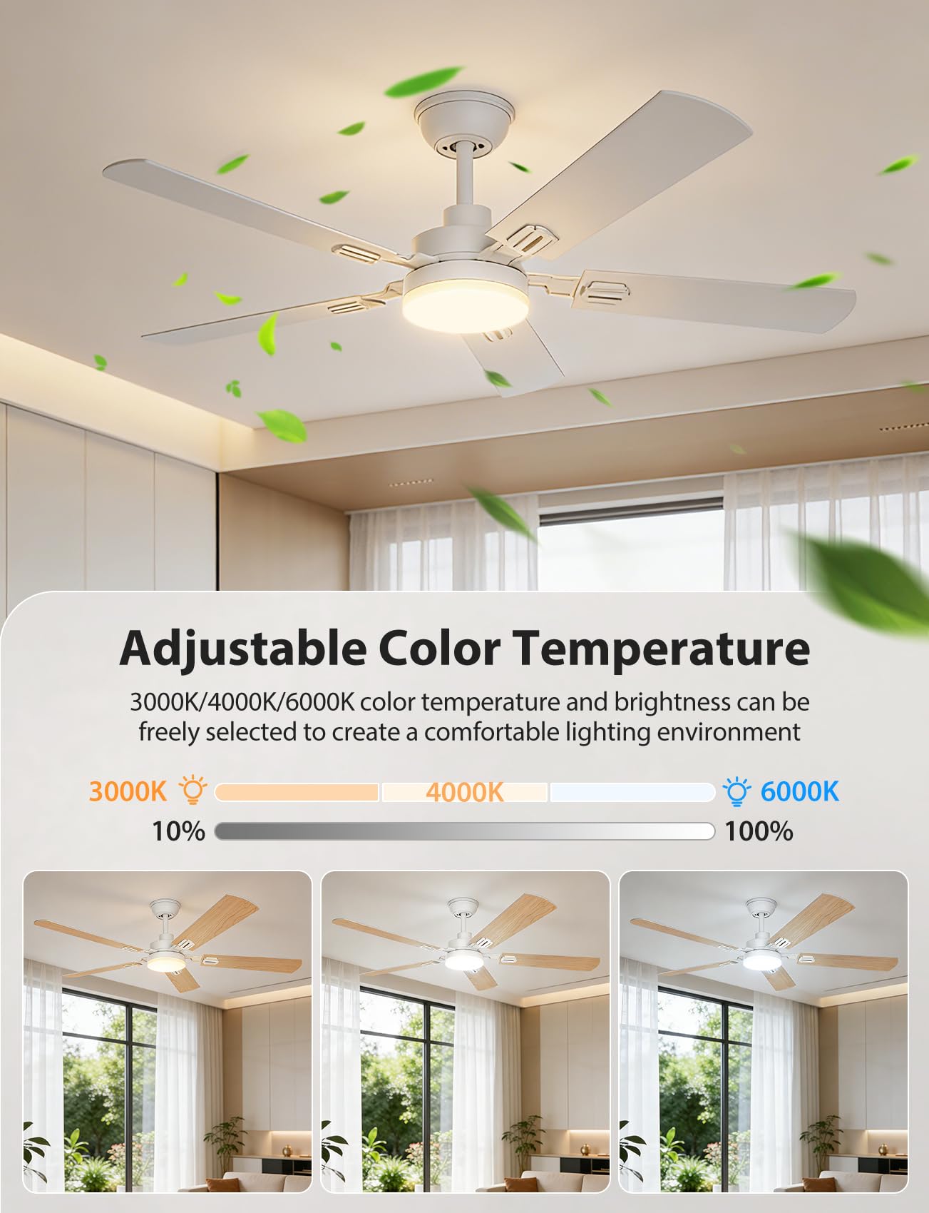 Aigostar Ventilador de Techo con Luz Silencioso 52″, Motor DC Reversible 33W, Mando a Distancia, 6 Velocidades, 3000K/4000K/6000K Regulable, Ideal para Dormitorio, Sala o Cocina. Ø132 cm