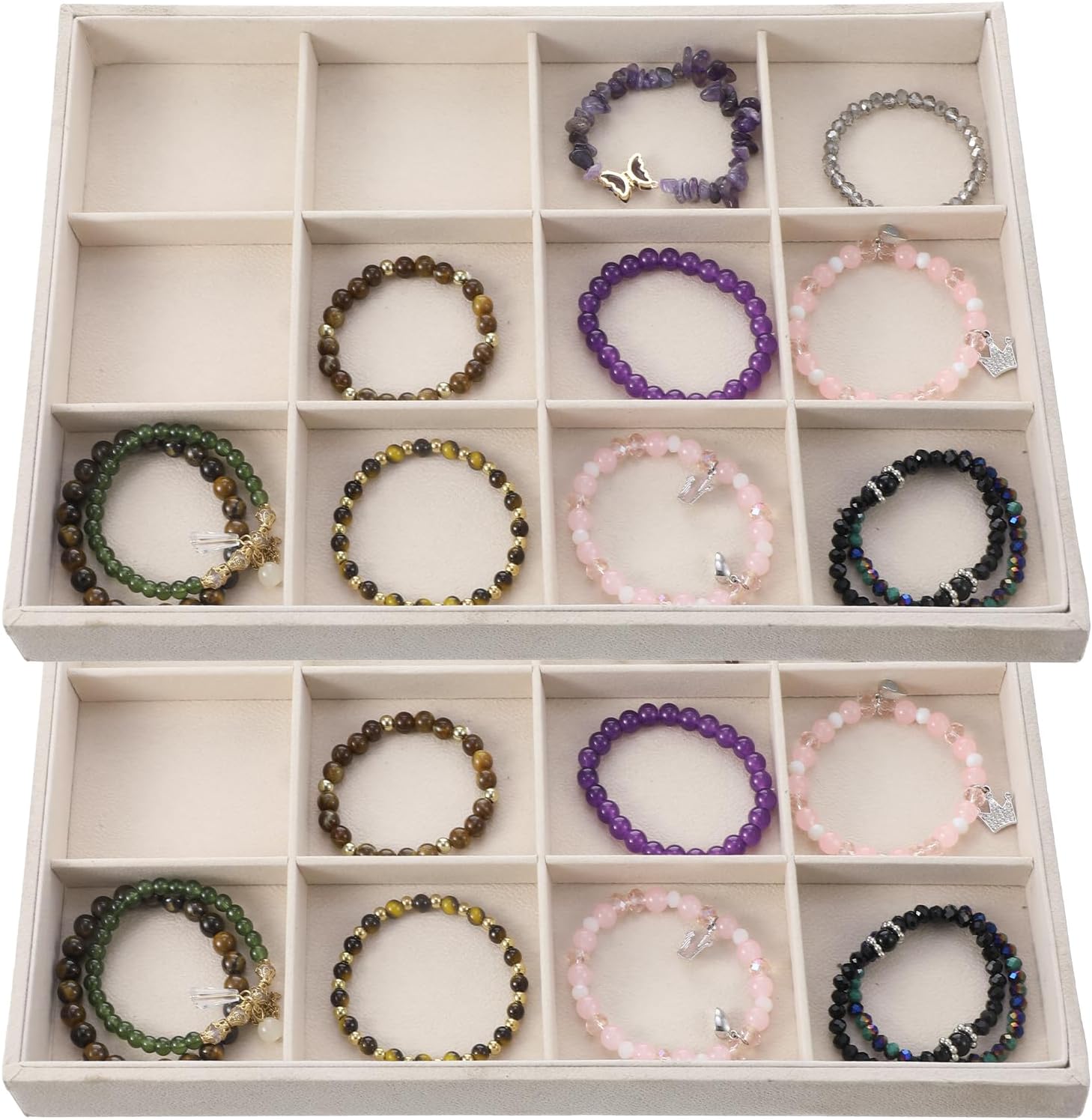 Stackable Jewelry Organizer Trays for Drawers, 2Pcs 12 Grid Velvet Jewelry Display Tray, Soft Light Jewelrys Display Case for Selling Necklace Earring Ring Watch, Beige, 13.8x9.5x1.2inch