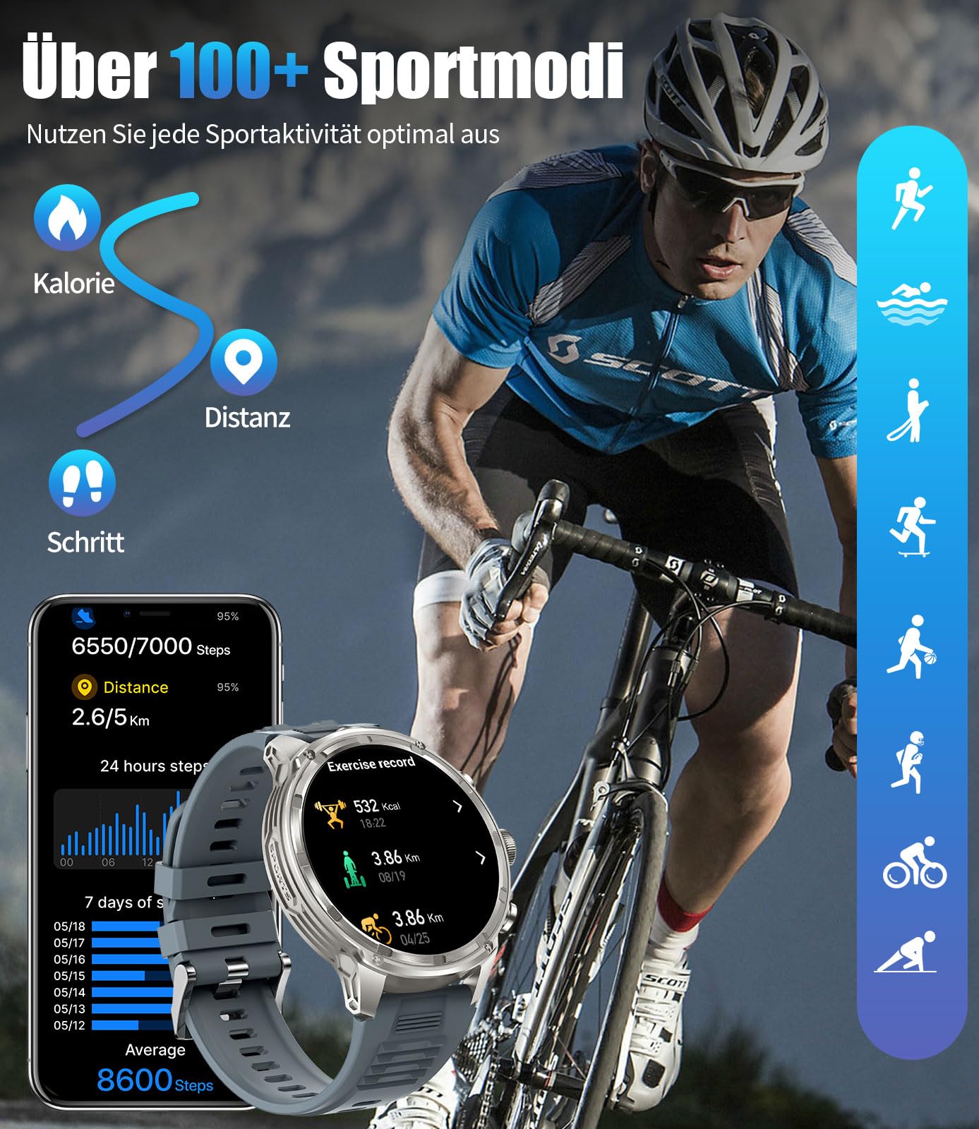 LIGE Smartwatch męski z latarką LED, duży wyświetlacz HD 1,85", akumulator 710 mAh, zegarek sportowy z funkcją telefonu, 100+ trybów sportowych, zegarek fitness, 24/7 tętna/monitor snu, do systemu
