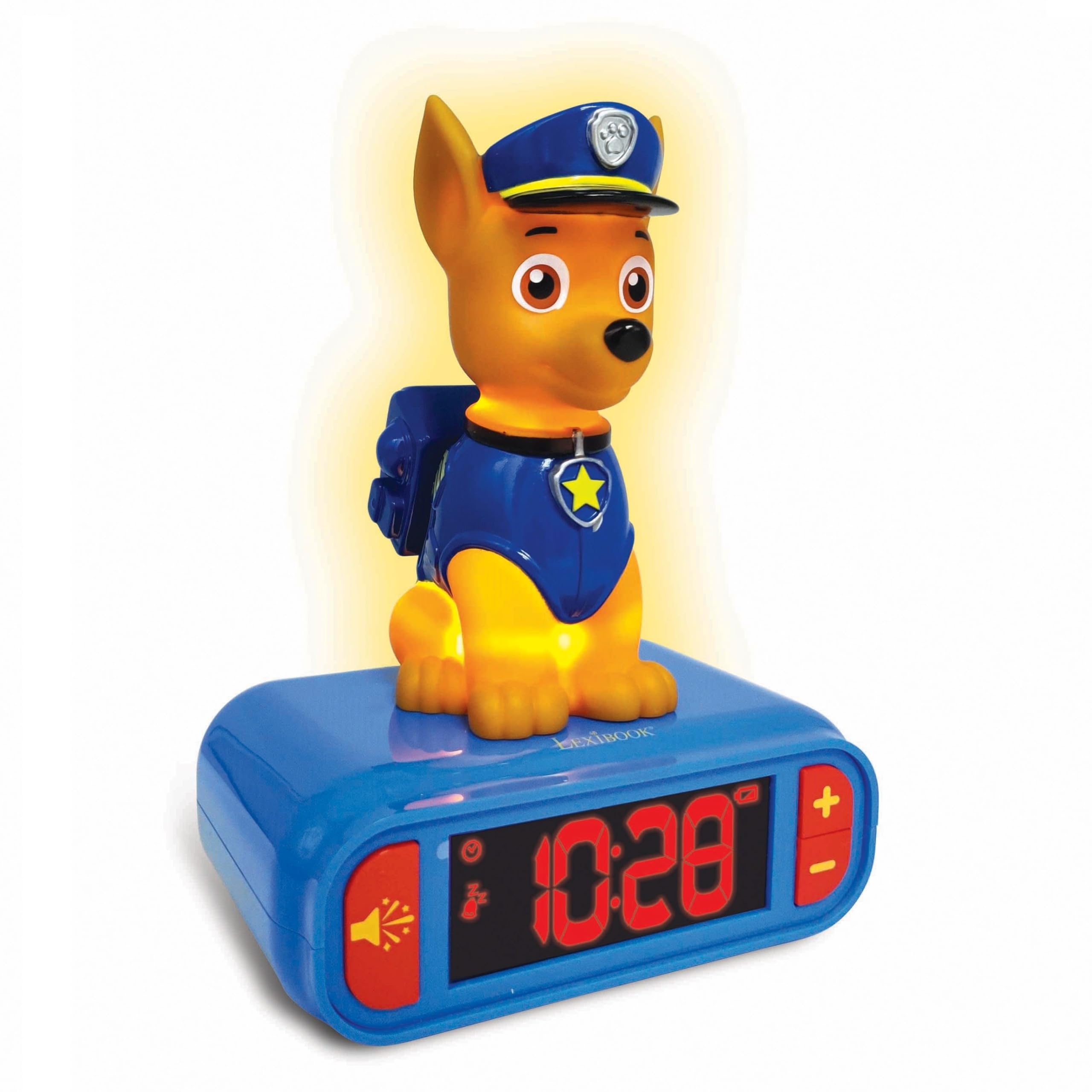 Lexibook - La Squadra dei Cuccioli Sveglia Digitale con Luce Notturna Snooze e Suoni, Orologio, Chase Luminoso Paw Patrol Marshall Cane - Blu/Rosso - RL800PALXB