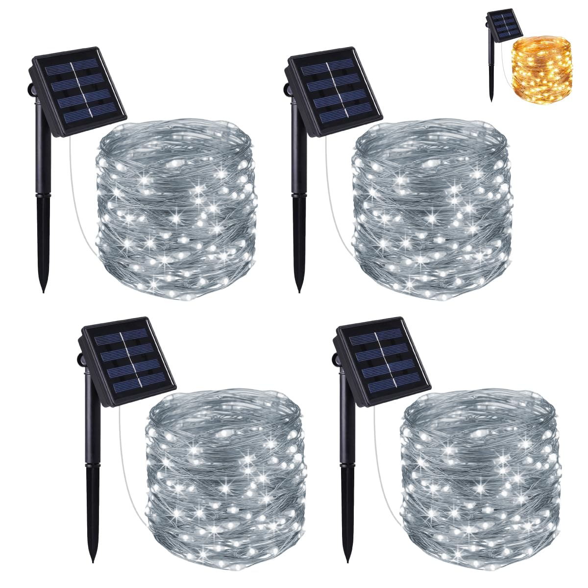 Linxor - Lote de 4 guirnaldas solares exteriores para jardín y terraza - Bombillas LED con 8 modos - 22 m - Blanco frío
