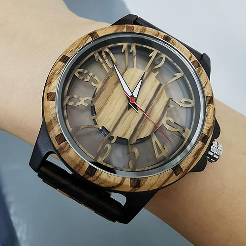 Miniatura 8 de Brown Deep Black Ebony Zebra Reloj de cuarzo de madera para hombre, correa de madera con cierre plegable para hombres